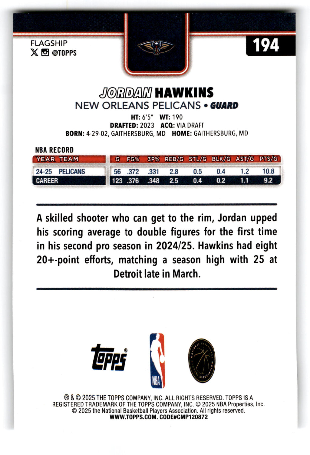 2025 Topps Flagship Jordan Hawkins #194