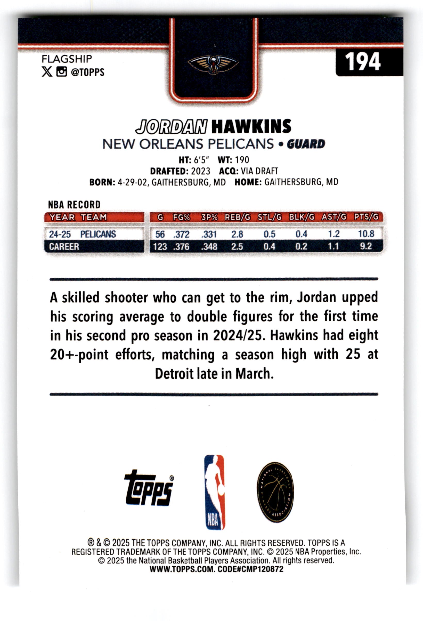 2025 Topps Flagship Jordan Hawkins #194