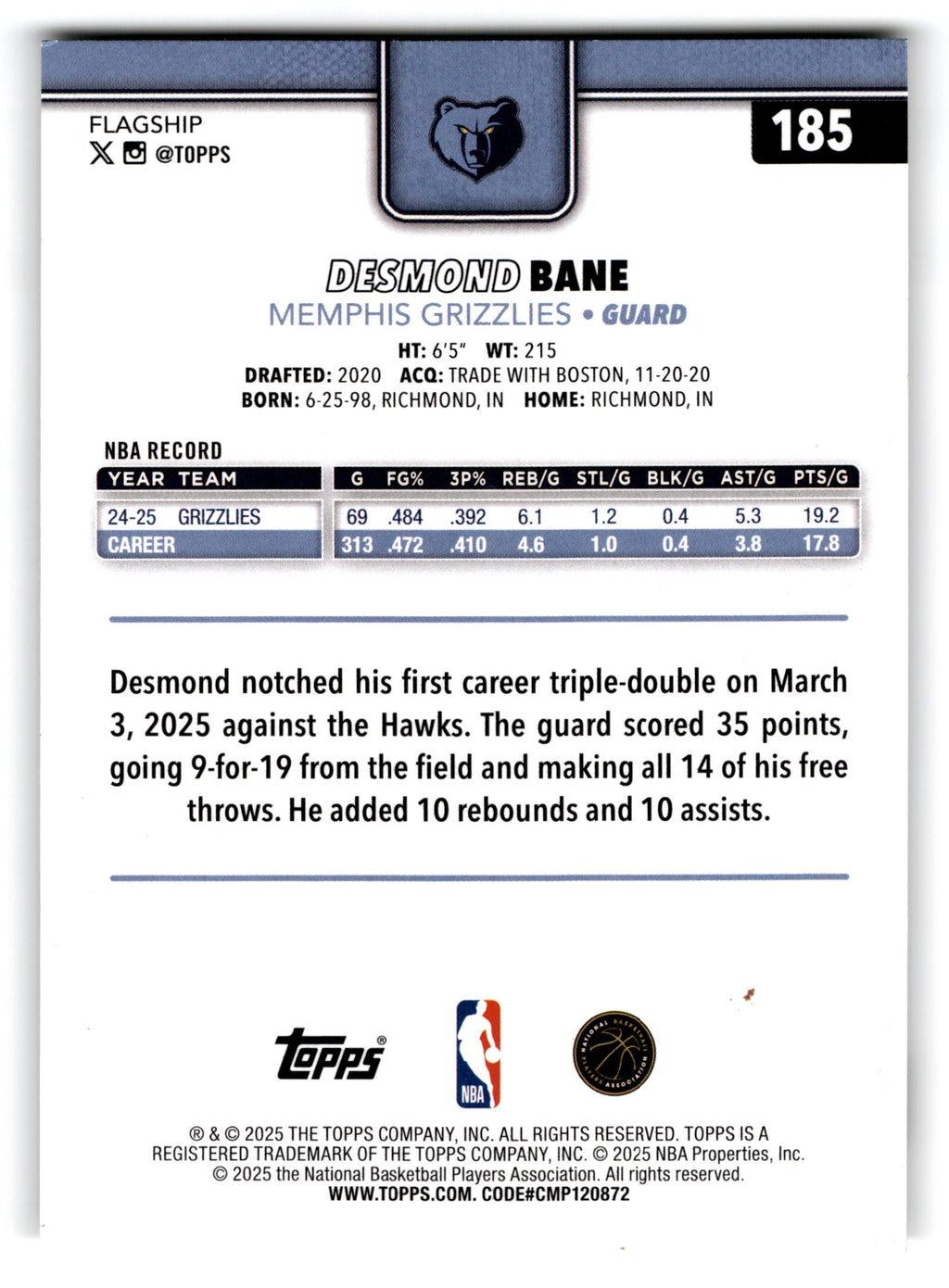 2025 Topps Flagship Desmond Bane #185
