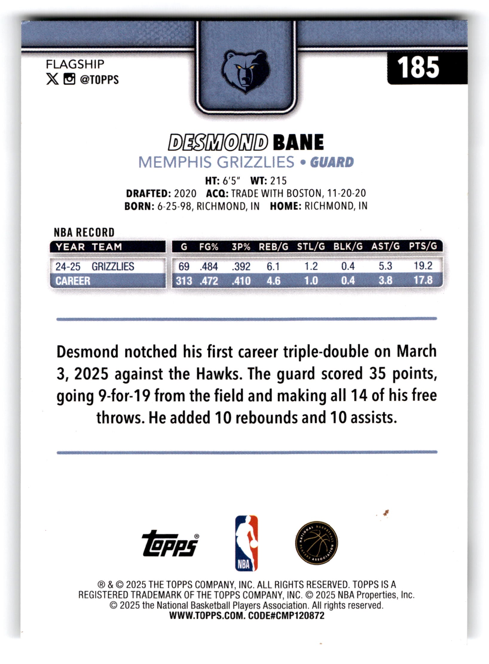2025 Topps Flagship Desmond Bane #185