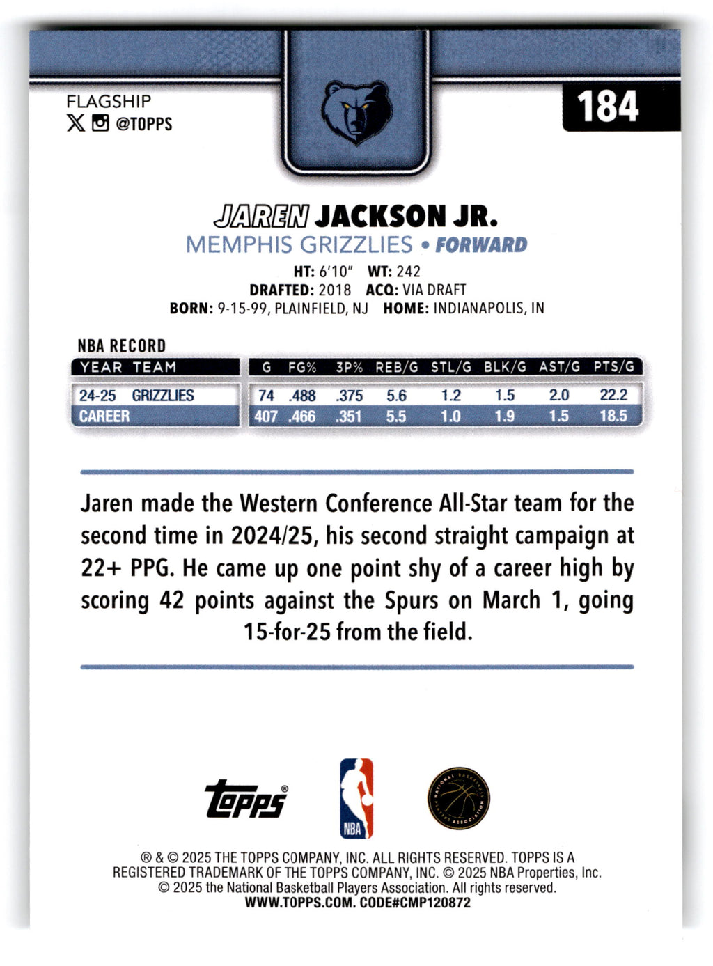 2025 Topps Flagship Jaren Jackson Jr. #184