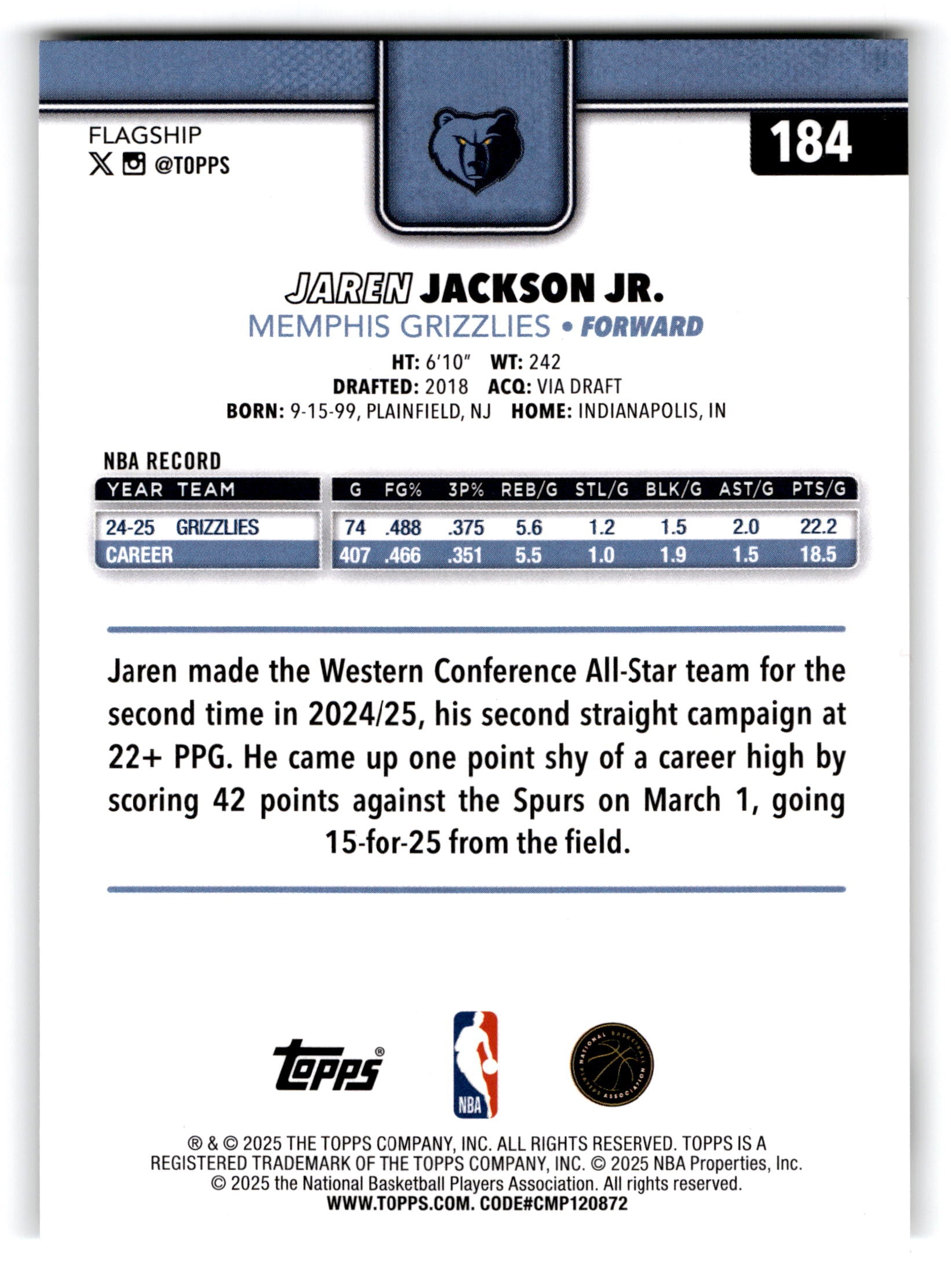 2025 Topps Flagship Jaren Jackson Jr. #184