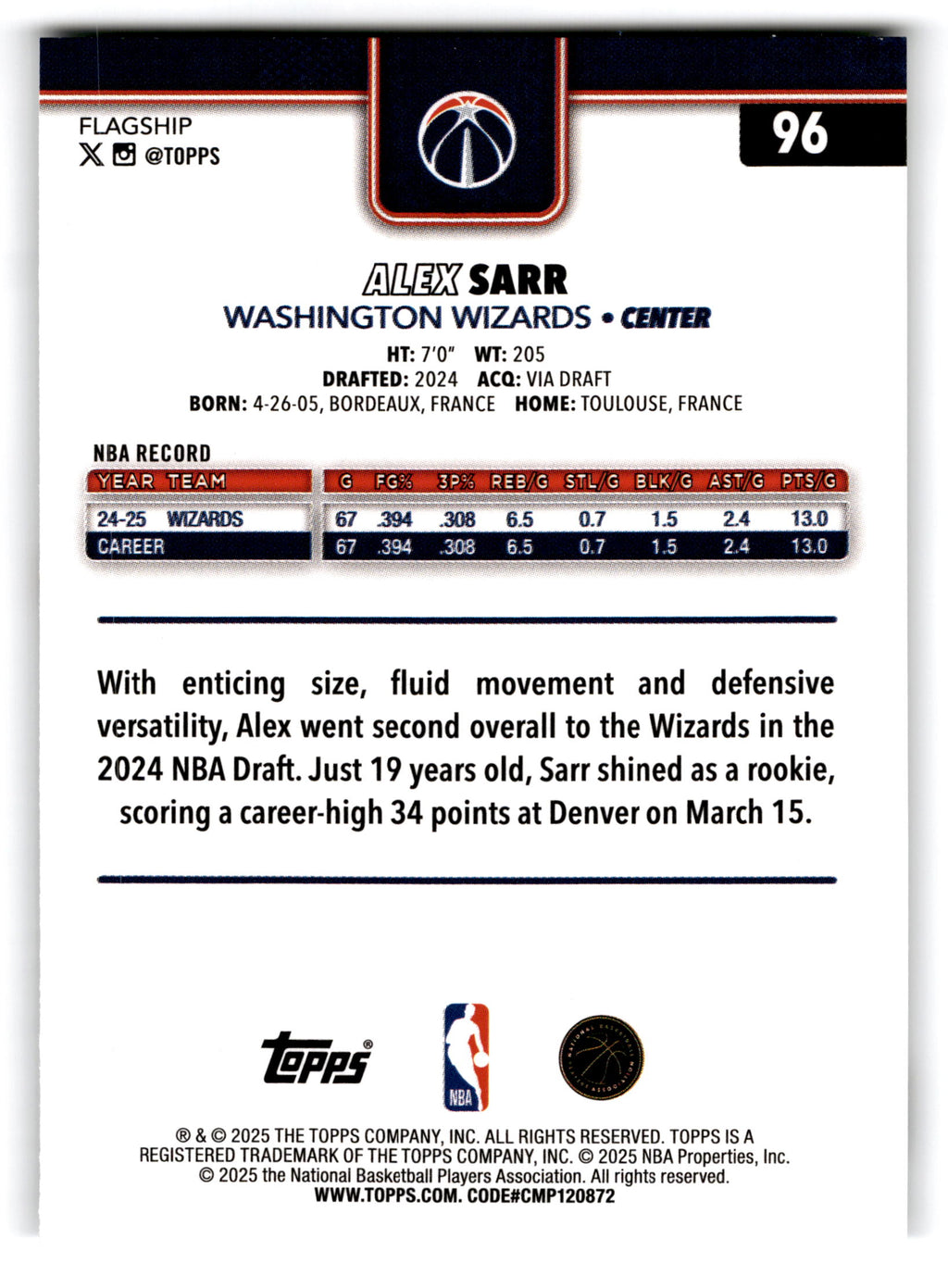 2025 Topps Flagship Basketball Alex Sarr #96