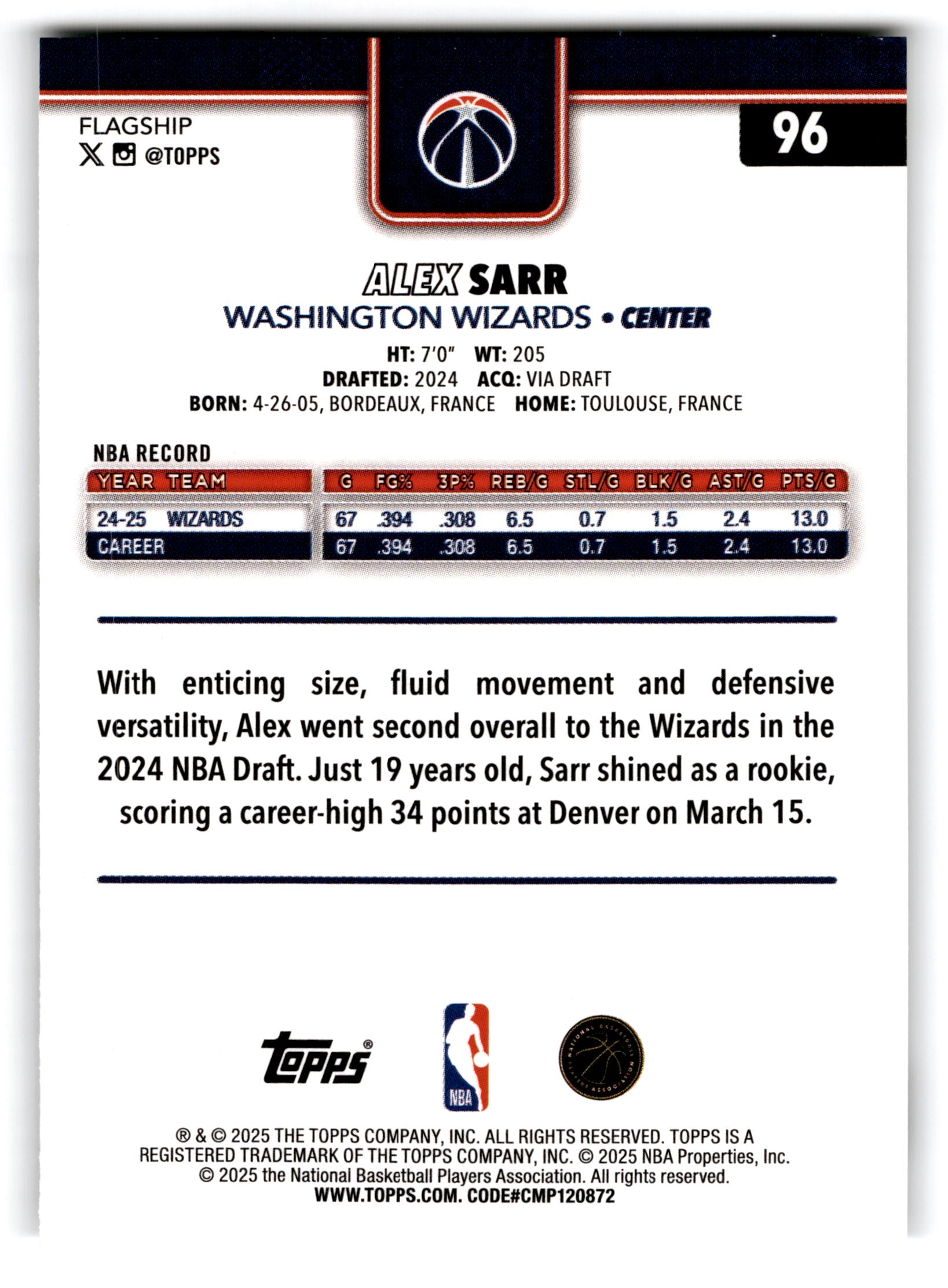 2025 Topps Flagship Basketball Alex Sarr #96