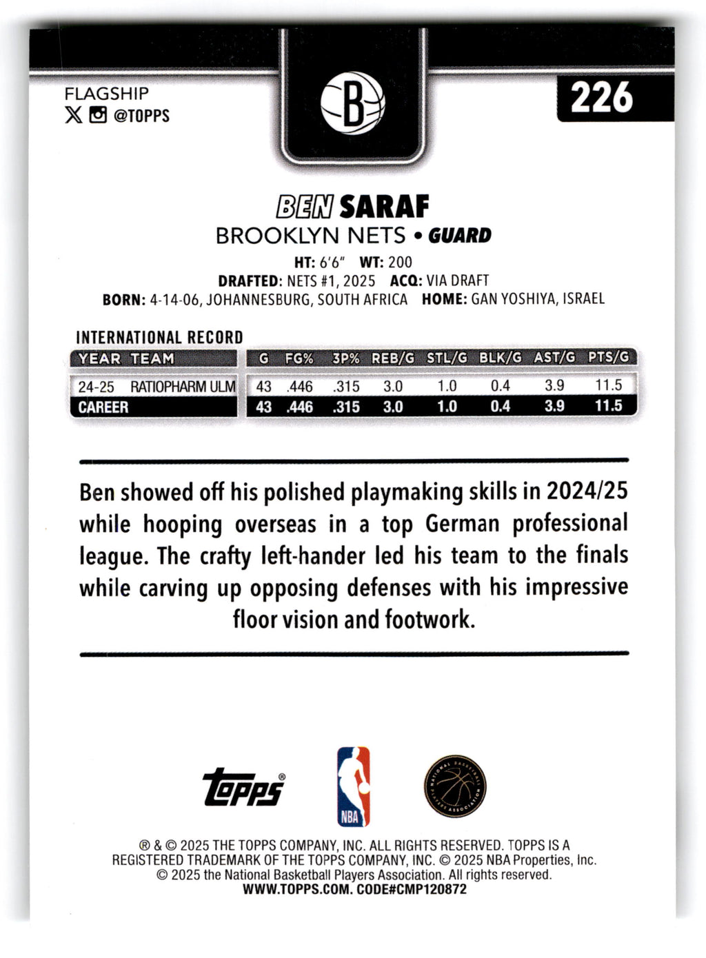 2025 Topps Flagship Basketball Ben Saraf #226 RC