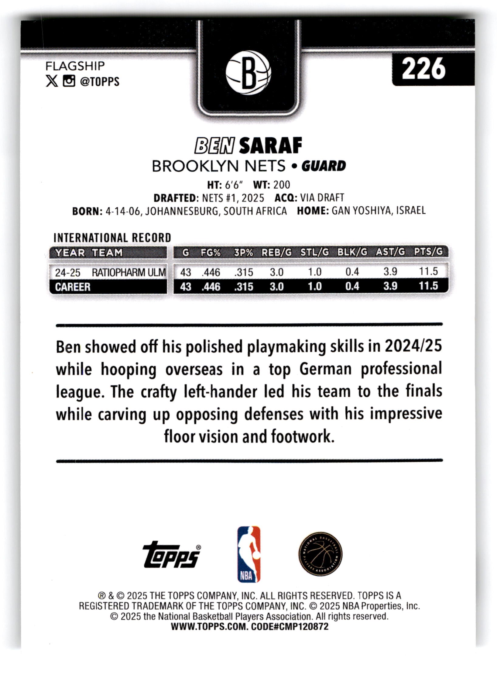 2025 Topps Flagship Basketball Ben Saraf #226 RC