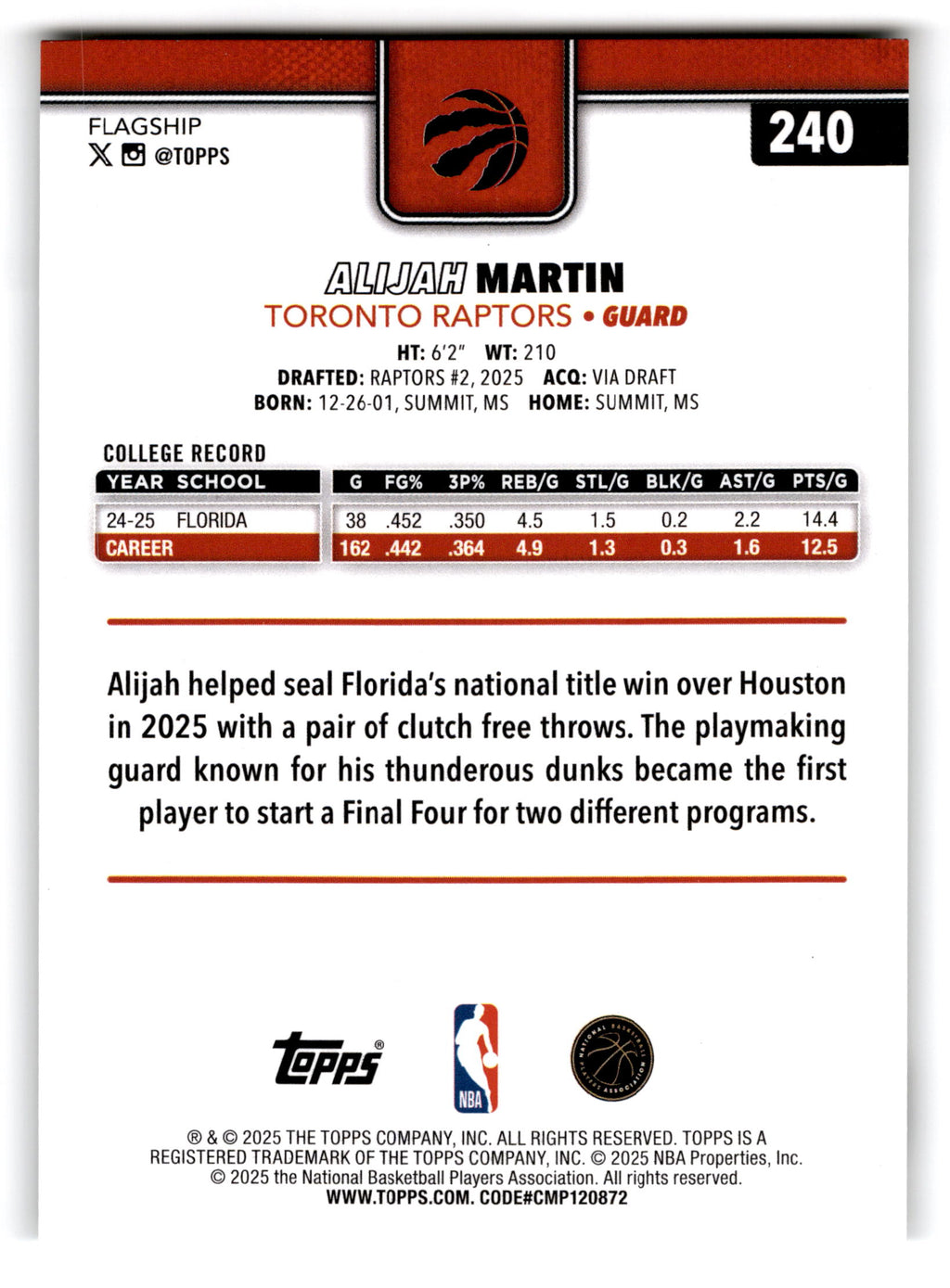 2025 Topps Flagship Alijah Martin #240 RC