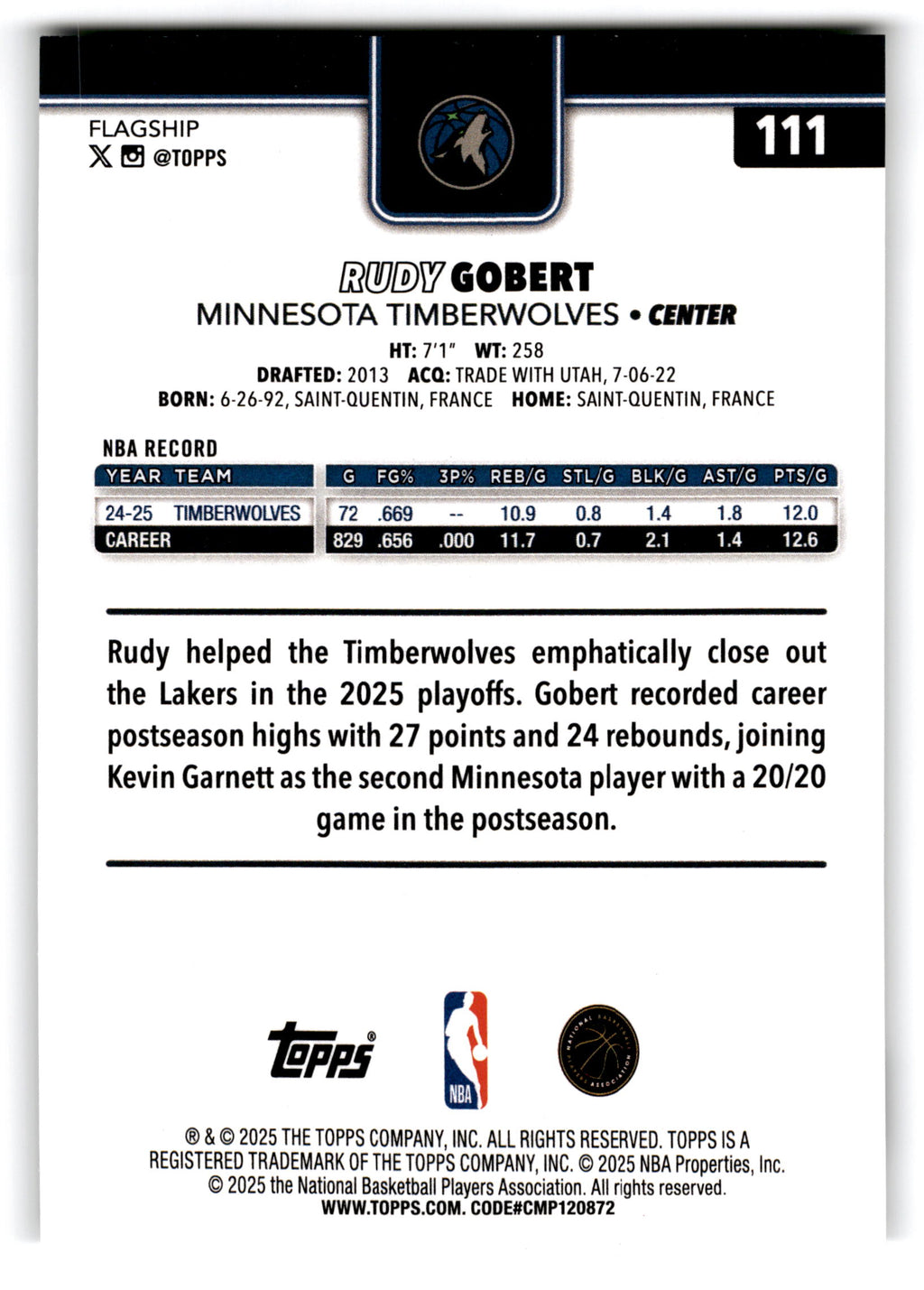 2025 Topps Flagship Rudy Gobert #111 20/20
