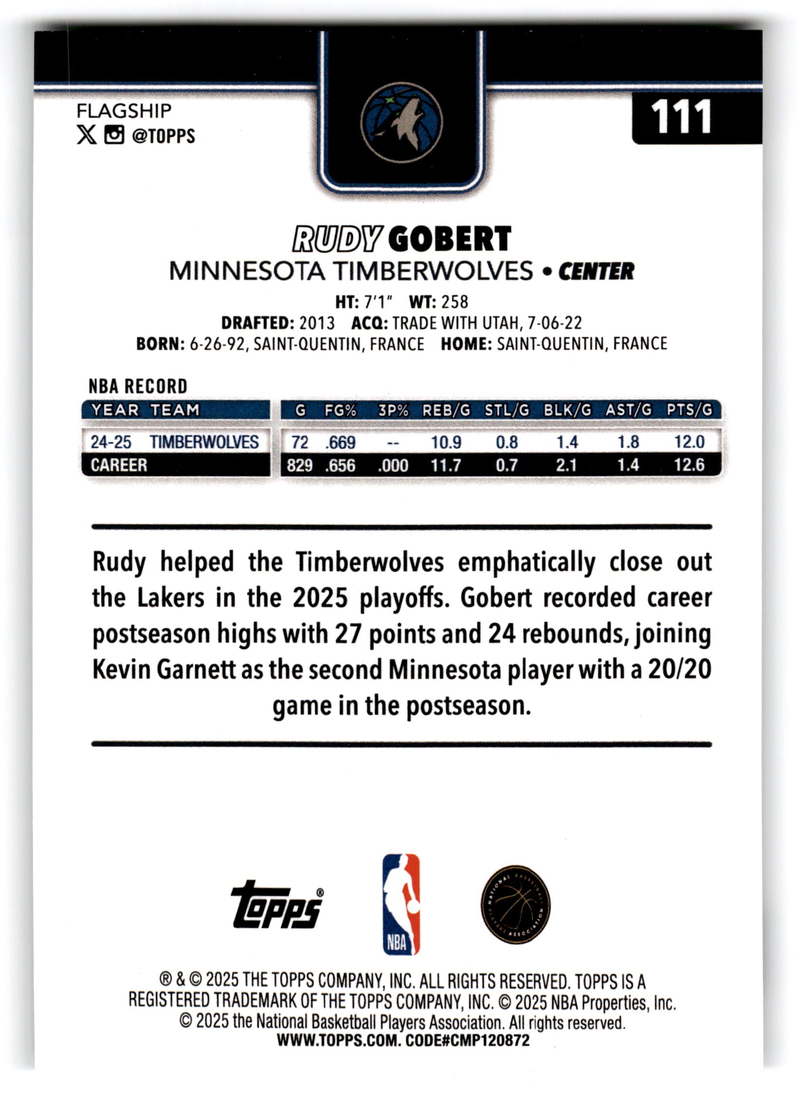 2025 Topps Flagship Rudy Gobert #111 20/20