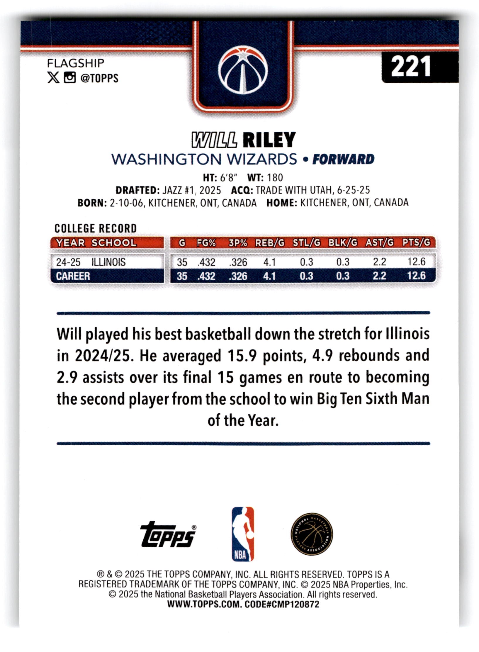 2025 Topps Flagship Basketball Will Riley #221 RC