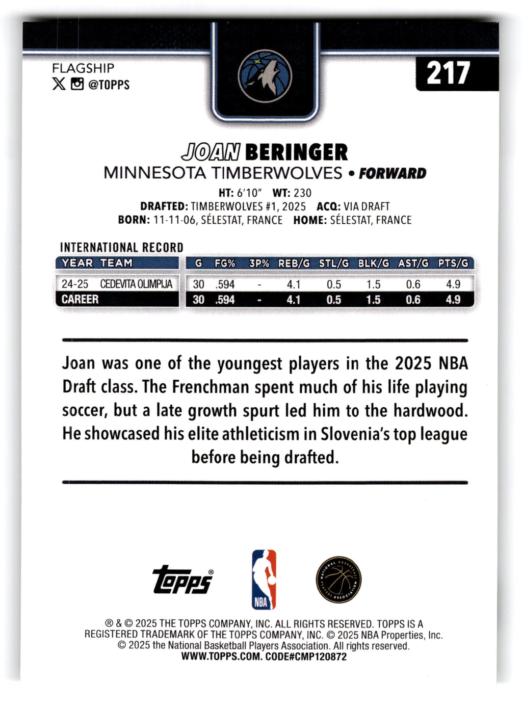 2025 Topps Flagship Joan Beringer #217 RC