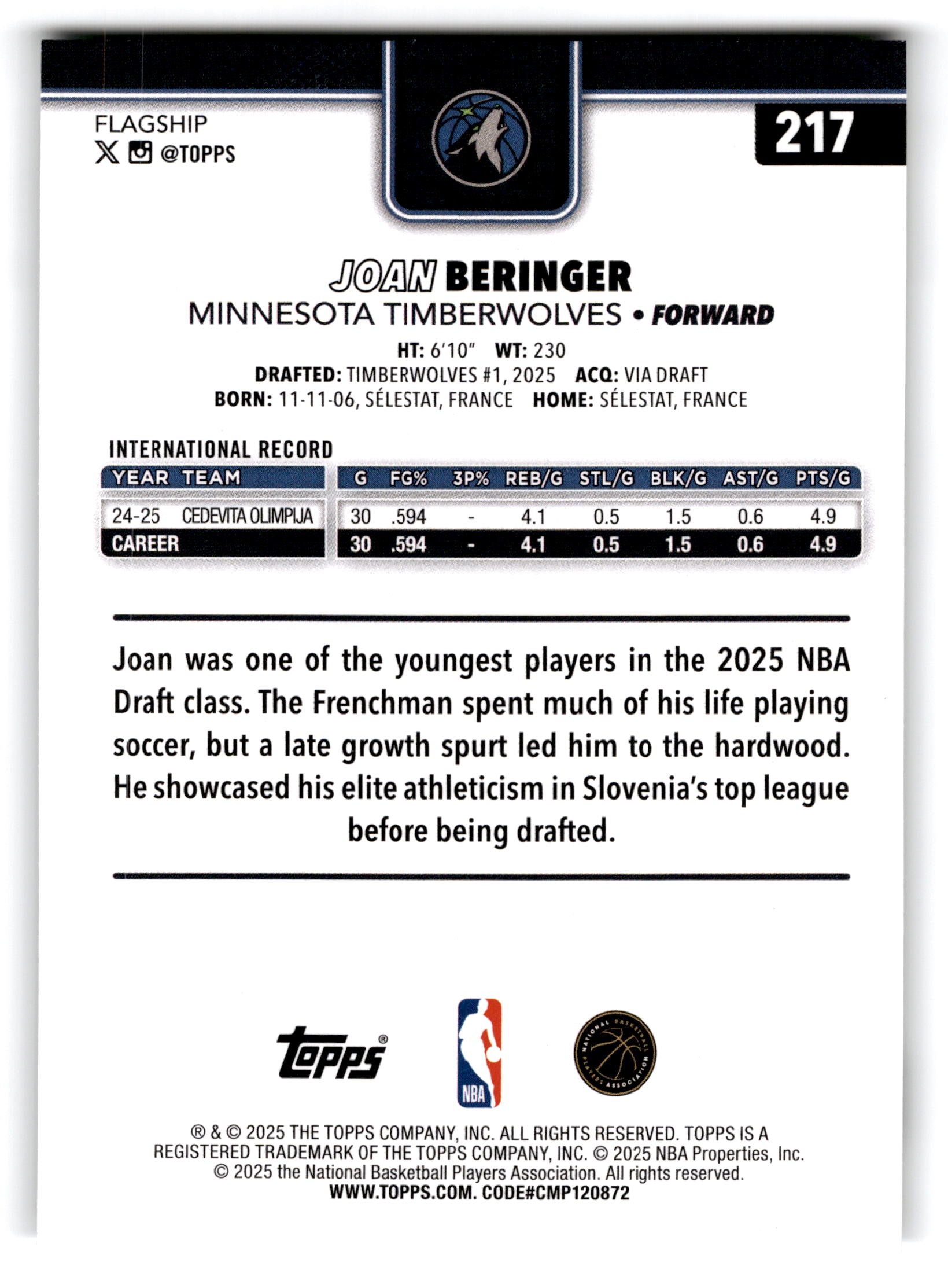 2025 Topps Flagship Joan Beringer #217 RC