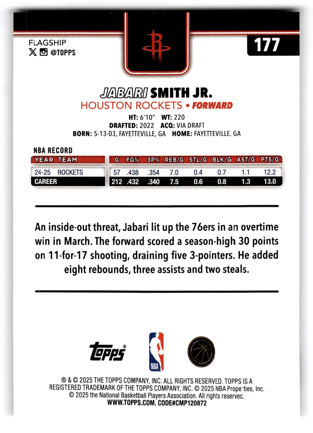 2025 Topps Flagship Jabari Smith Jr. #177