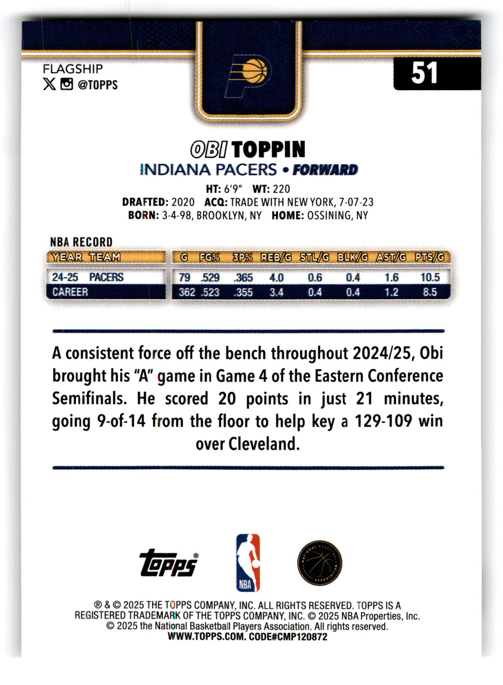 2025 Topps Basketball Obi Toppin #51