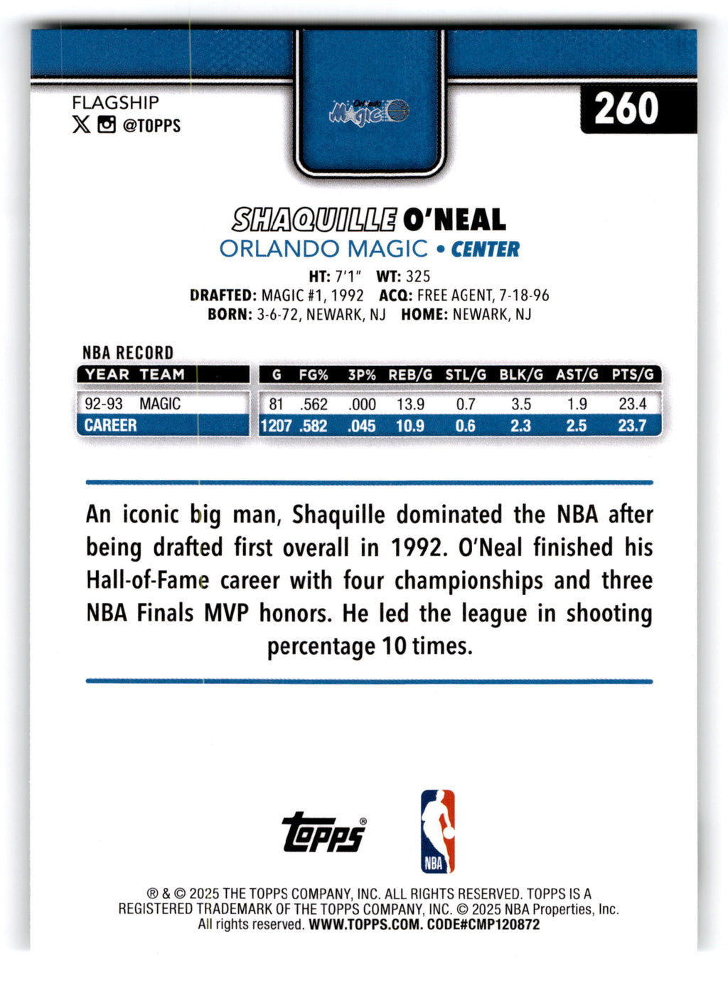 2025 Topps Flagship Shaquille O'Neal #260
