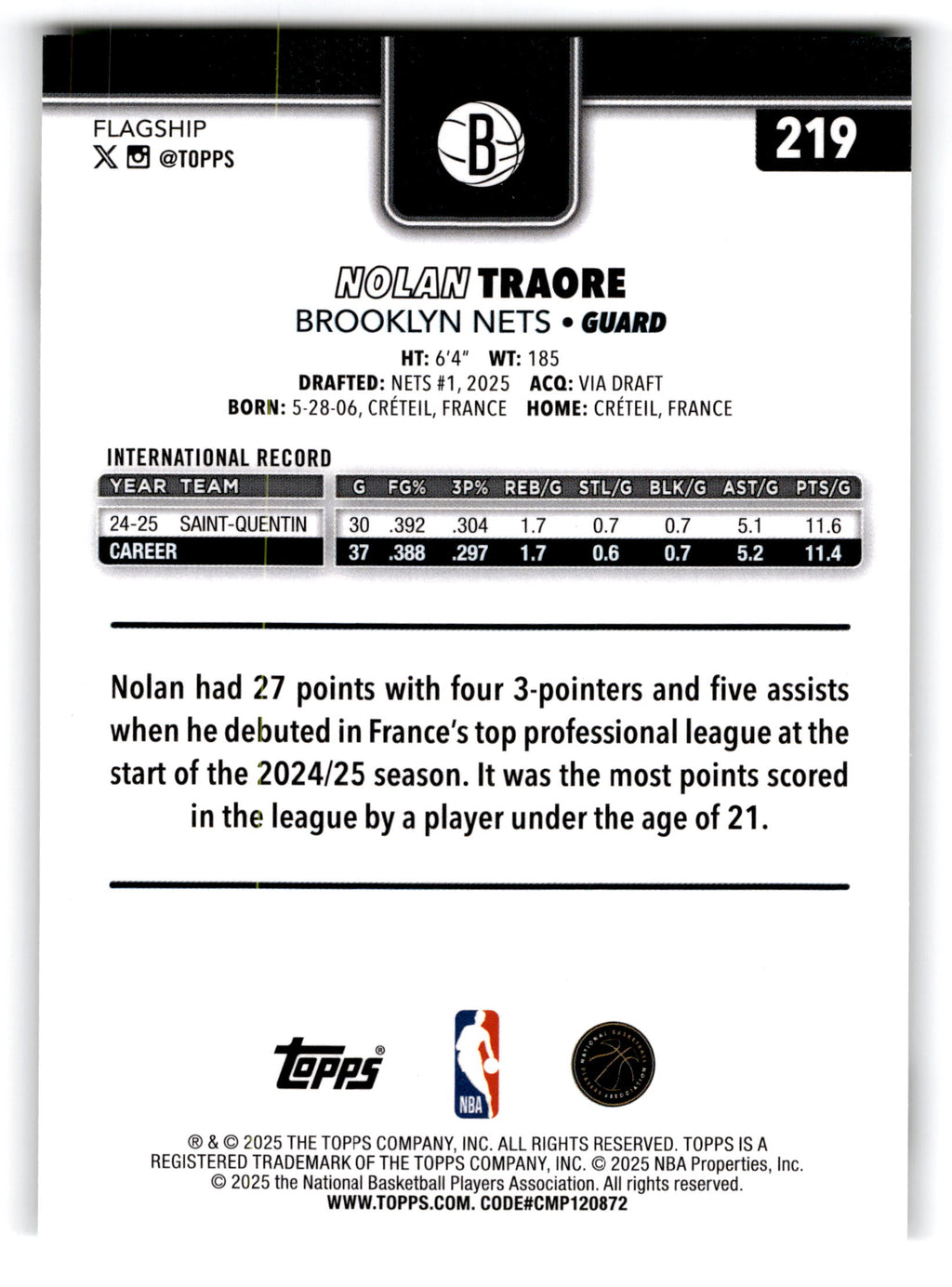 2025 Topps Nolan Traore #219 RC