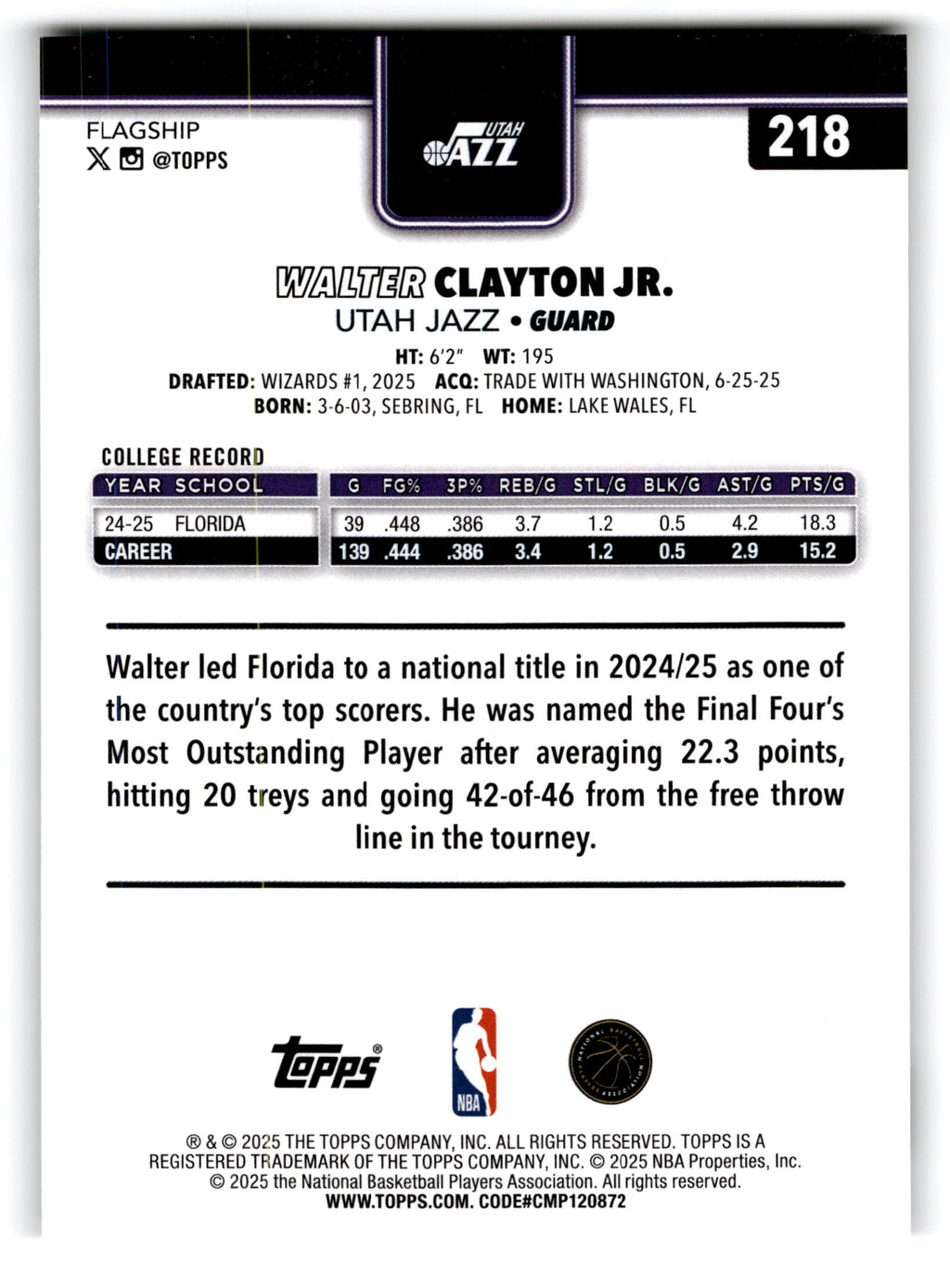 2025 Topps Flagship Walter Clayton Jr. #218 RC