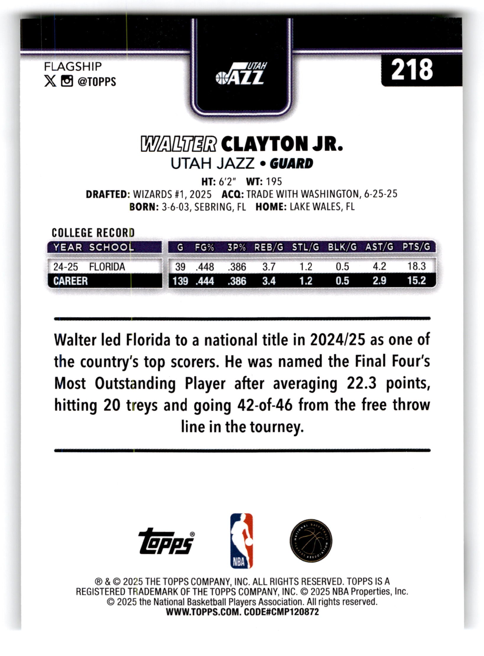 2025 Topps Flagship Walter Clayton Jr. #218 RC