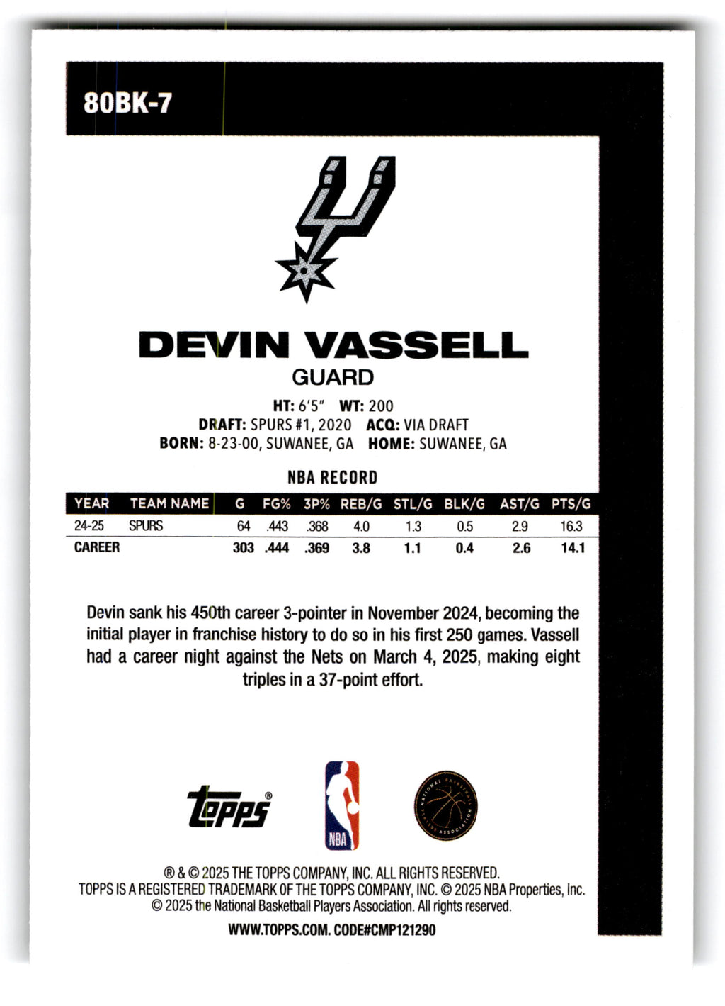 2025 Topps Basketball Devin Vassell #80BK-7