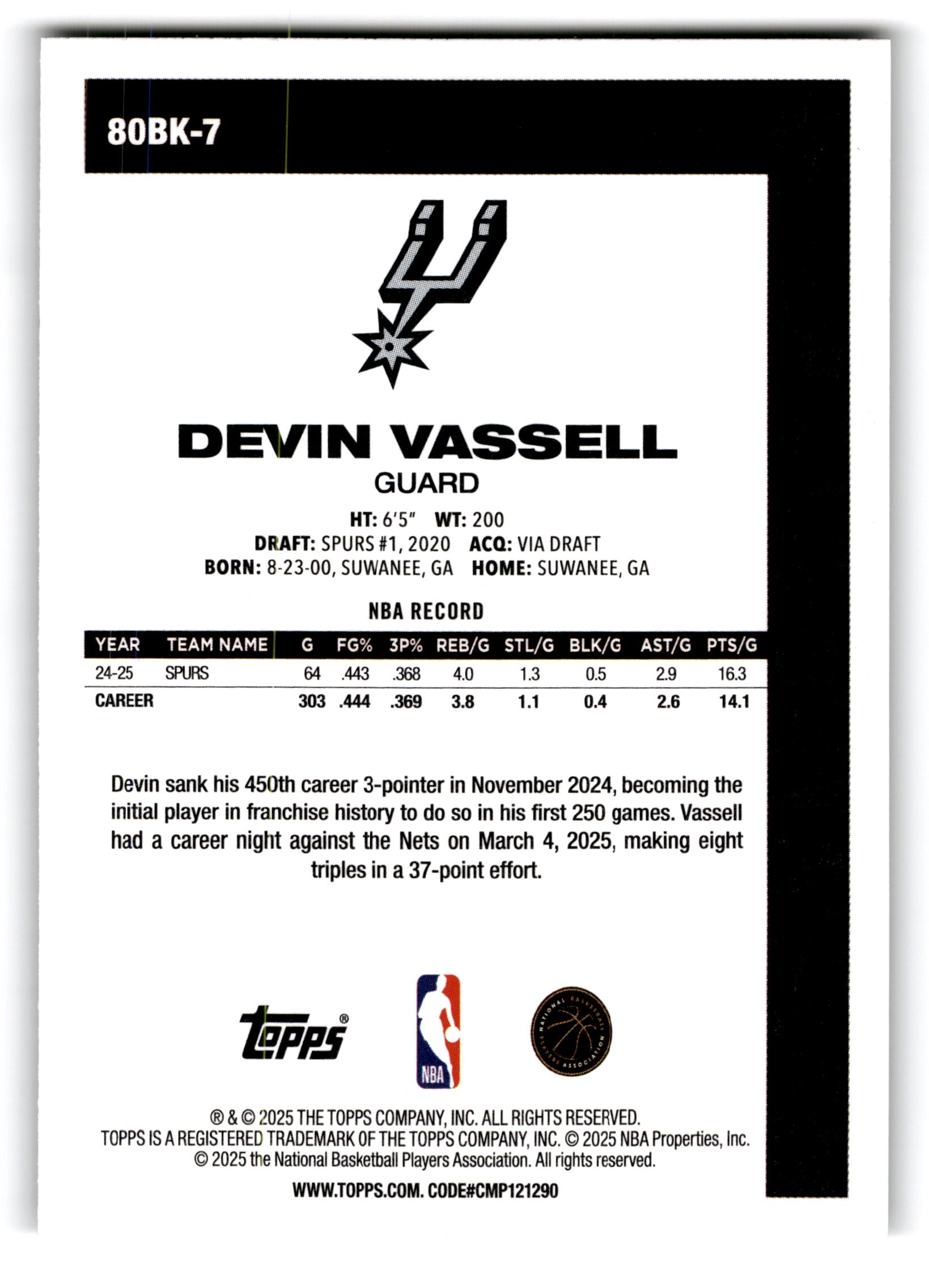 2025 Topps Basketball Devin Vassell #80BK-7