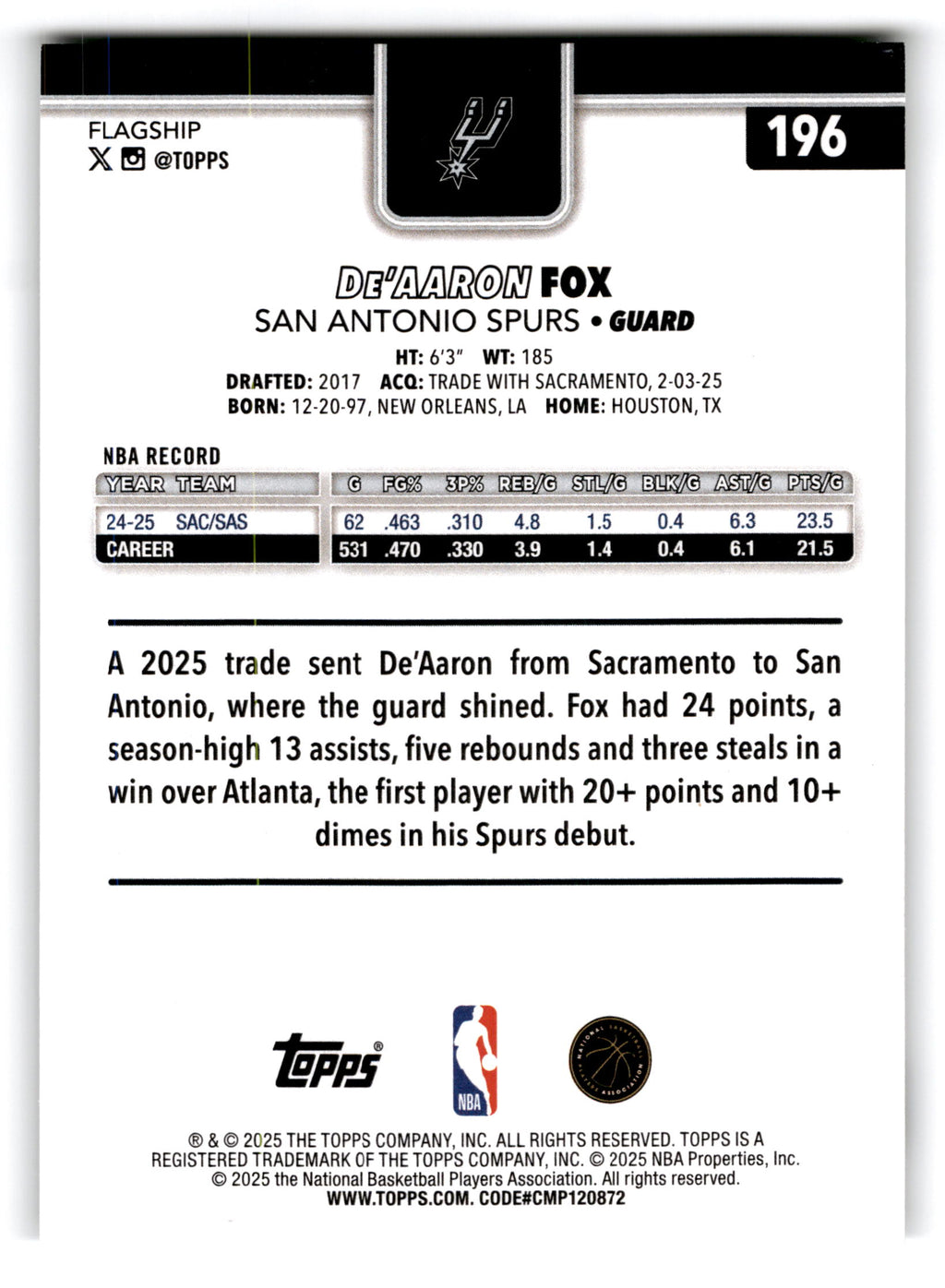 2025 Topps Basketball De'Aaron Fox #196