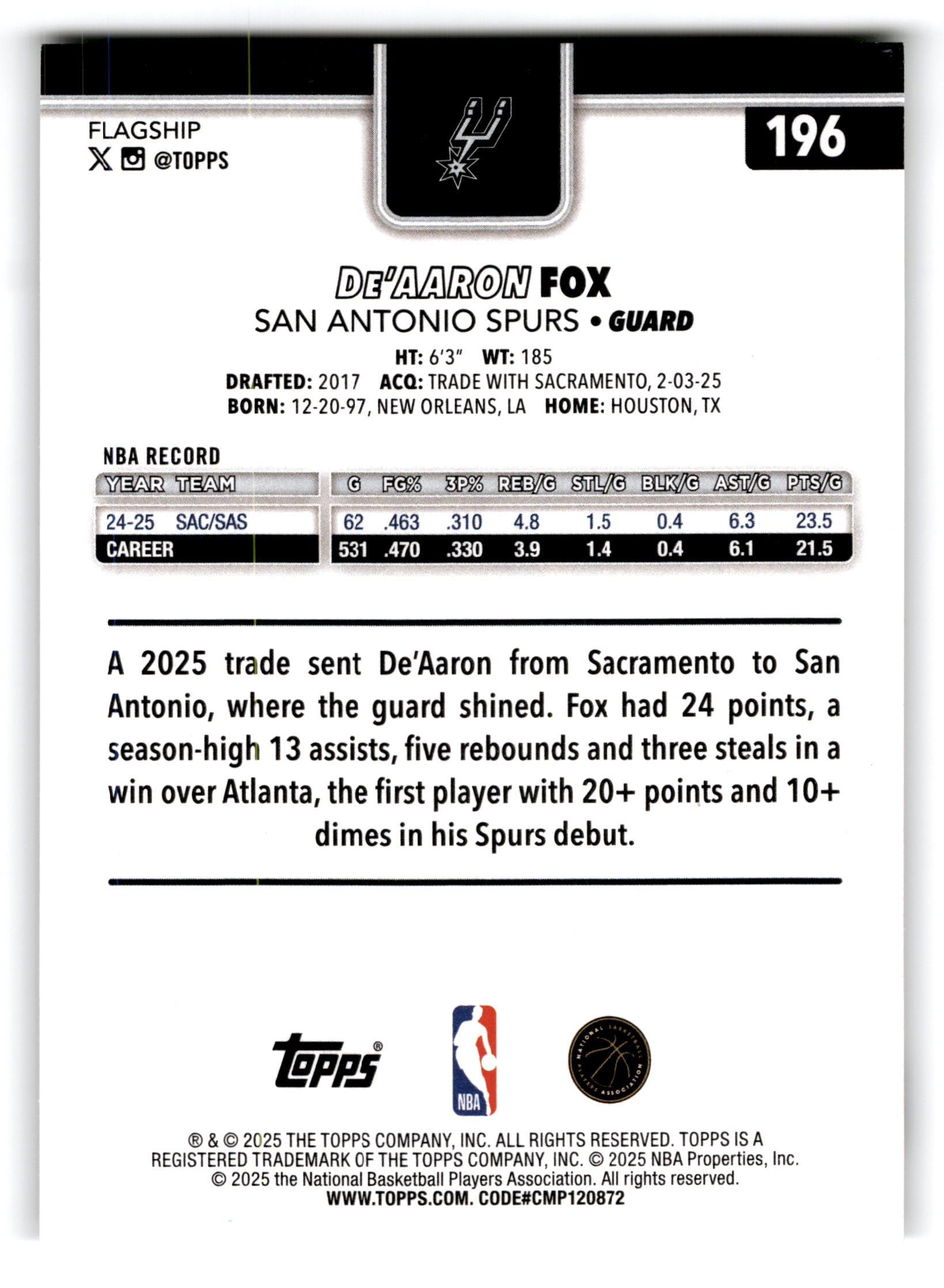 2025 Topps Basketball De'Aaron Fox #196