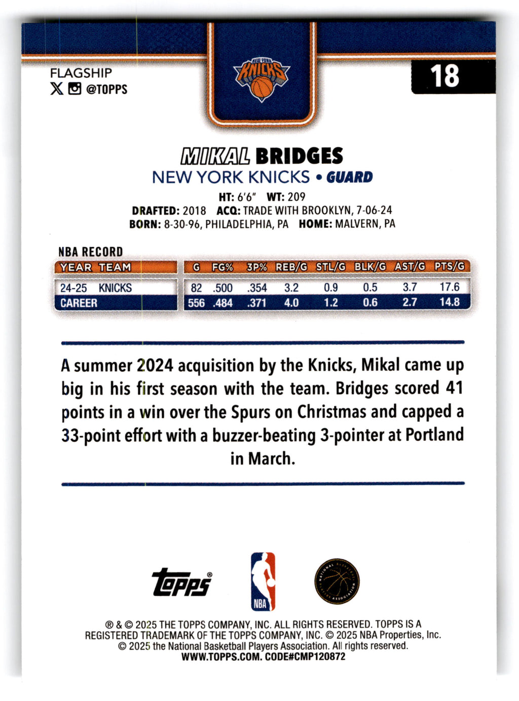 2025 Topps Flagship Mikal Bridges #18