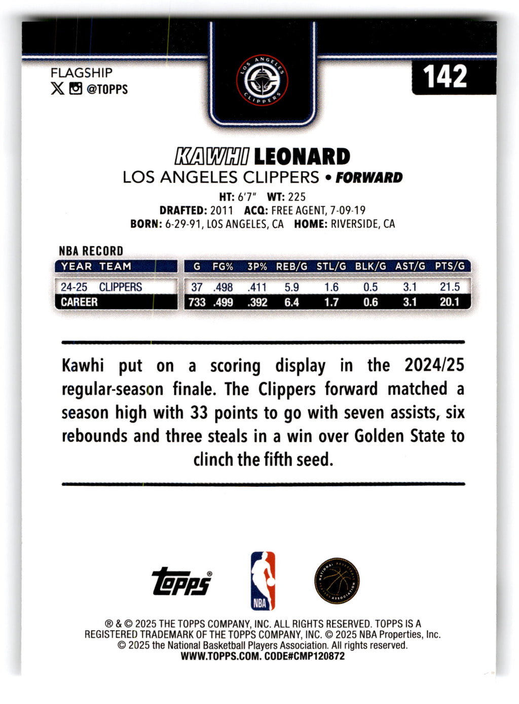 2025 Topps Flagship Basketball Kawhi Leonard #142