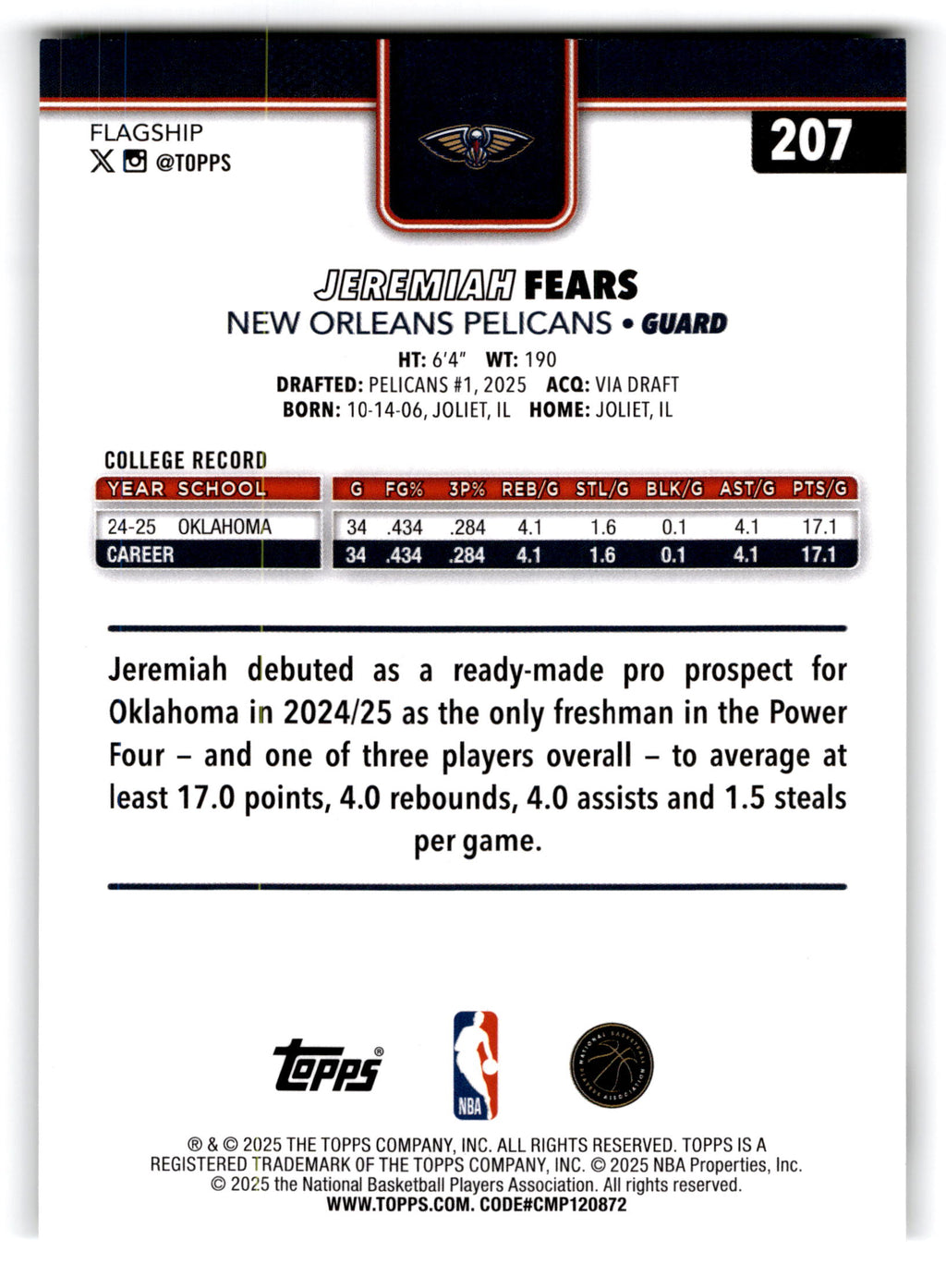 2025 Topps Flagship Jeremiah Fears #207 RC