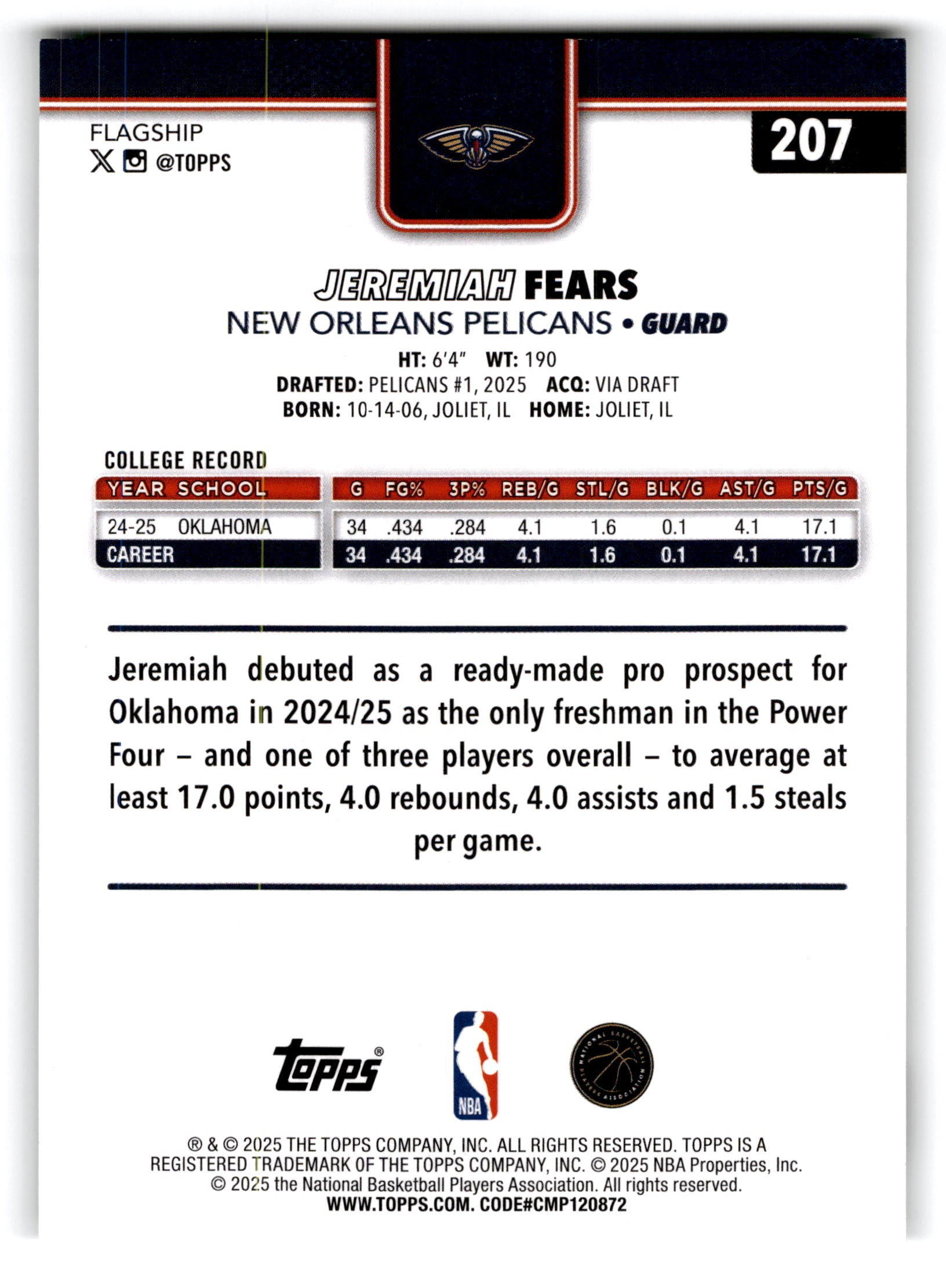 2025 Topps Flagship Jeremiah Fears #207 RC