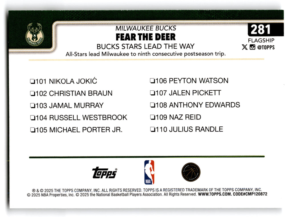 2025 Topps Flagship Basketball Milwaukee Bucks #281