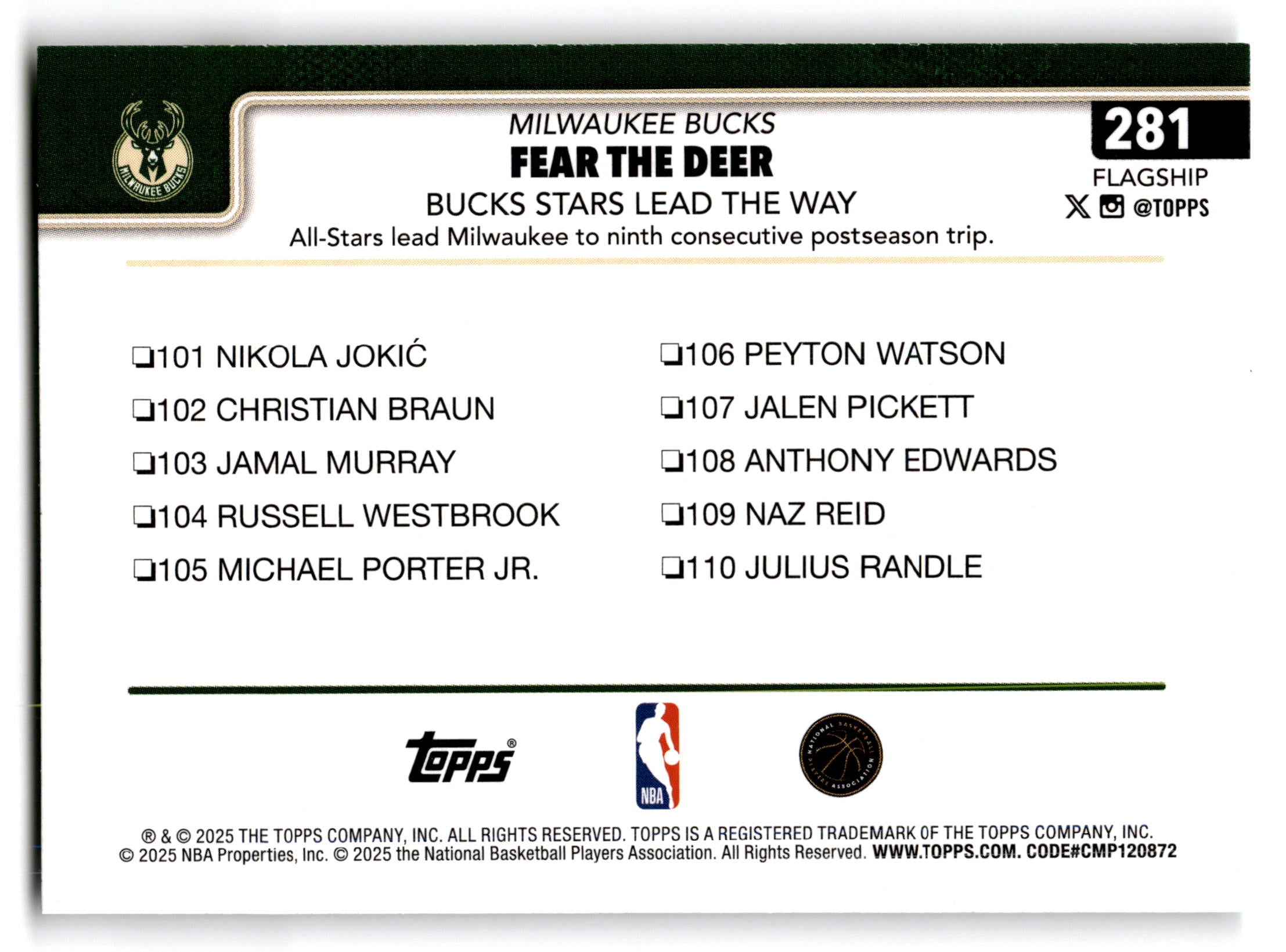 2025 Topps Flagship Basketball Milwaukee Bucks #281