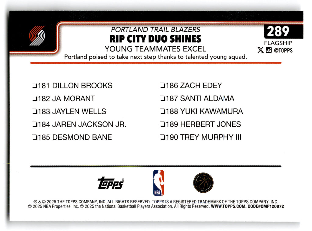 2025 Topps Flagship Portland Trail Blazers Duo #289