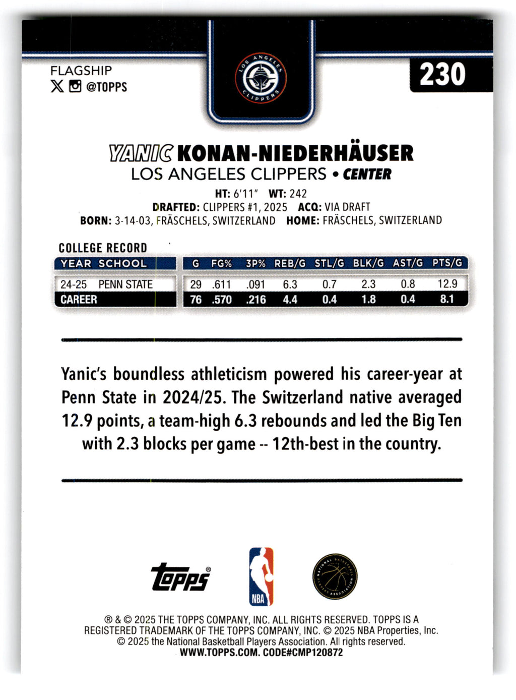 2025 Topps Flagship Yanic Konan-Niederhauser #230 RC