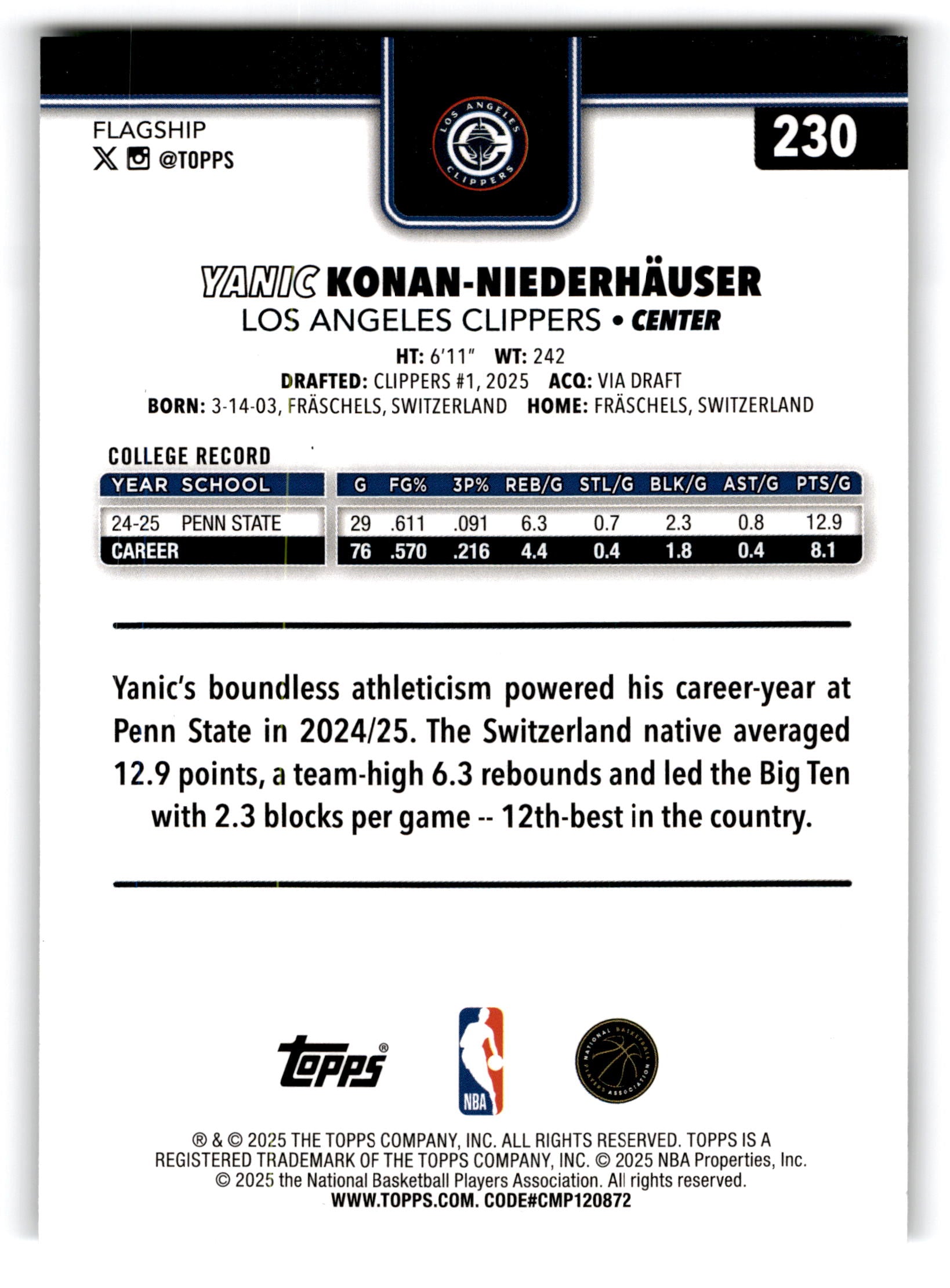 2025 Topps Flagship Yanic Konan-Niederhauser #230 RC