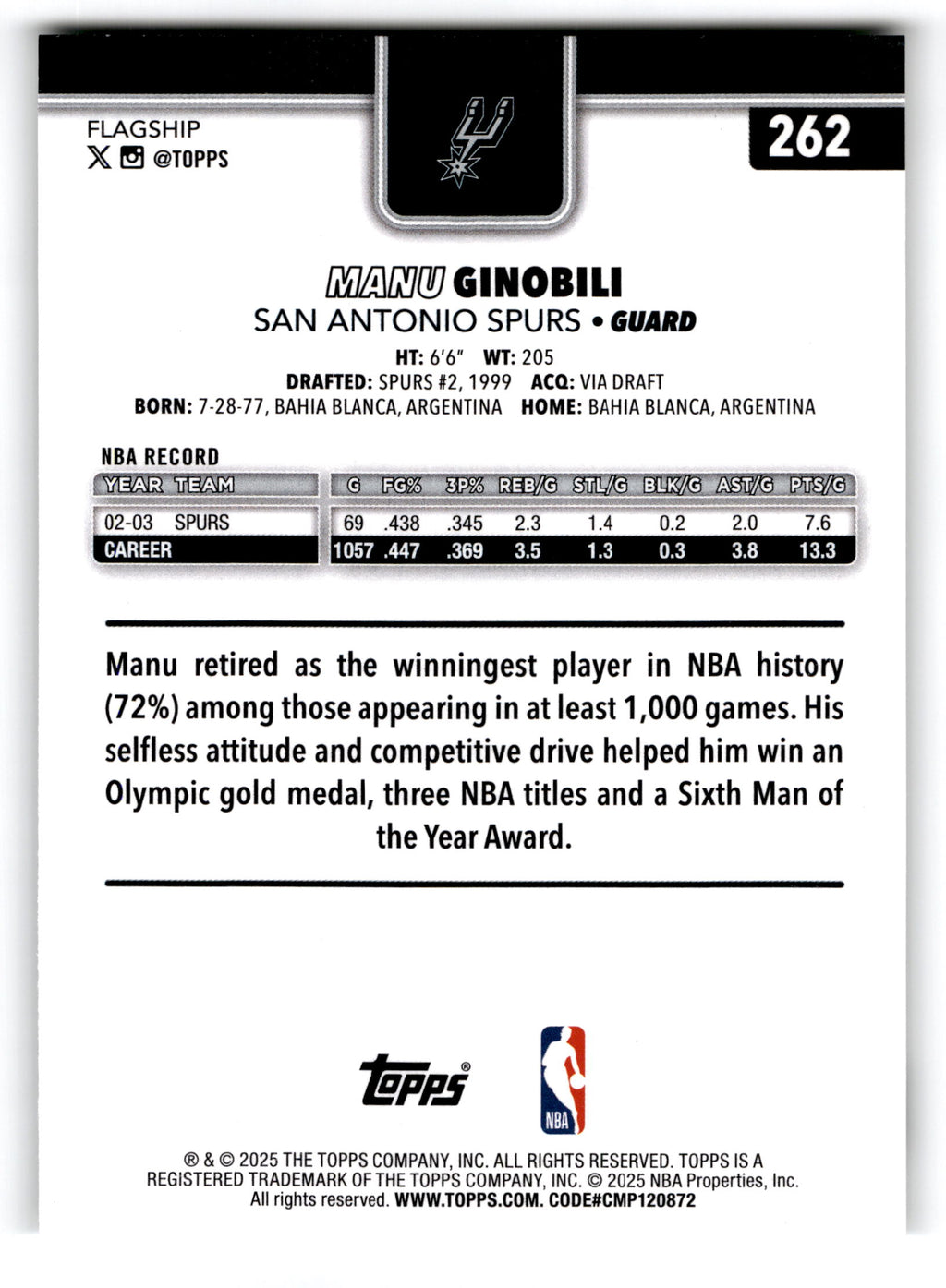 2025 Topps Flagship Manu Ginobili #262