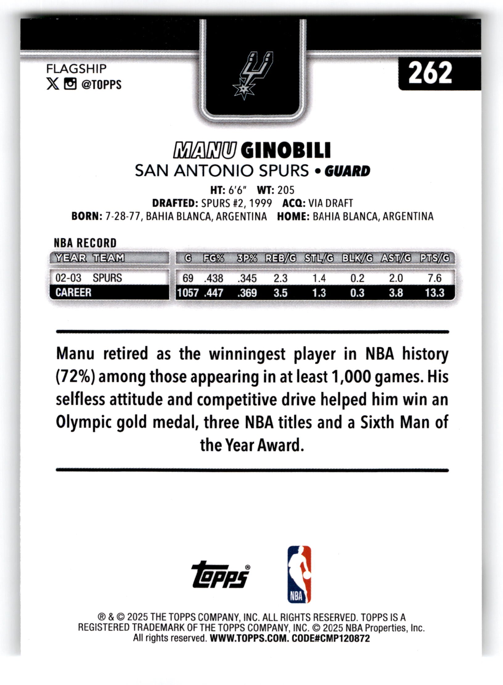 2025 Topps Flagship Manu Ginobili #262