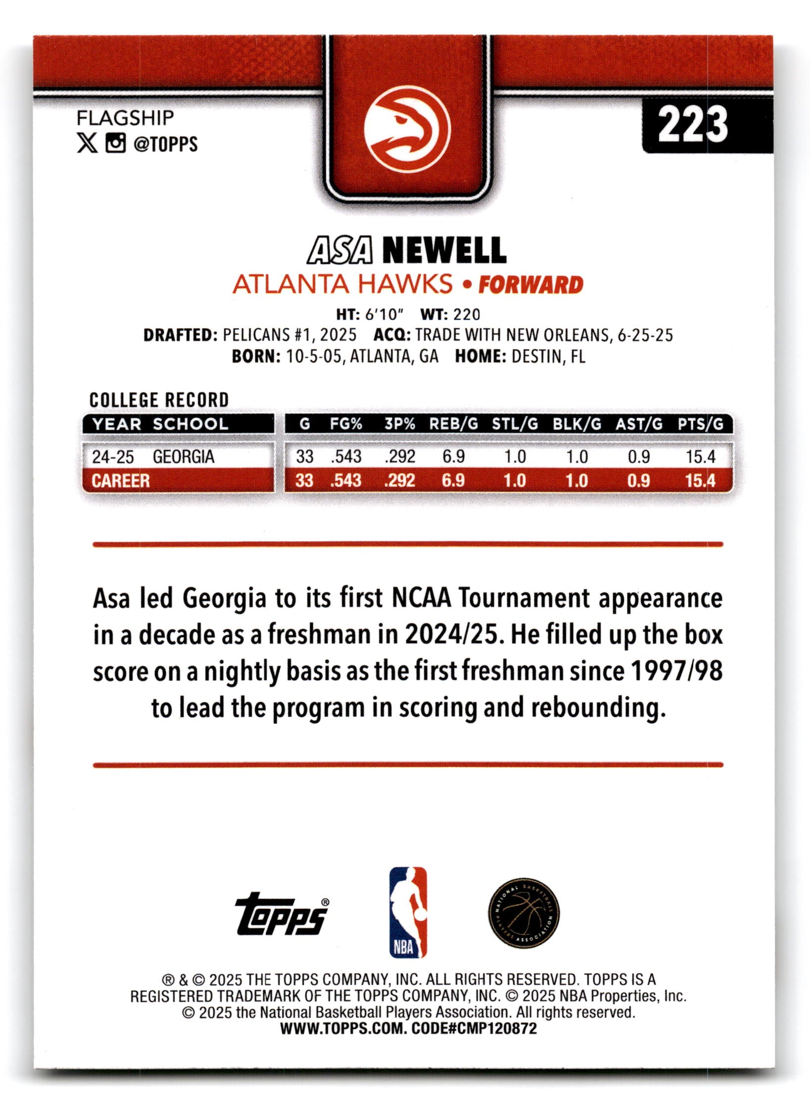 2025 Topps Flagship Asa Newell #223 RC