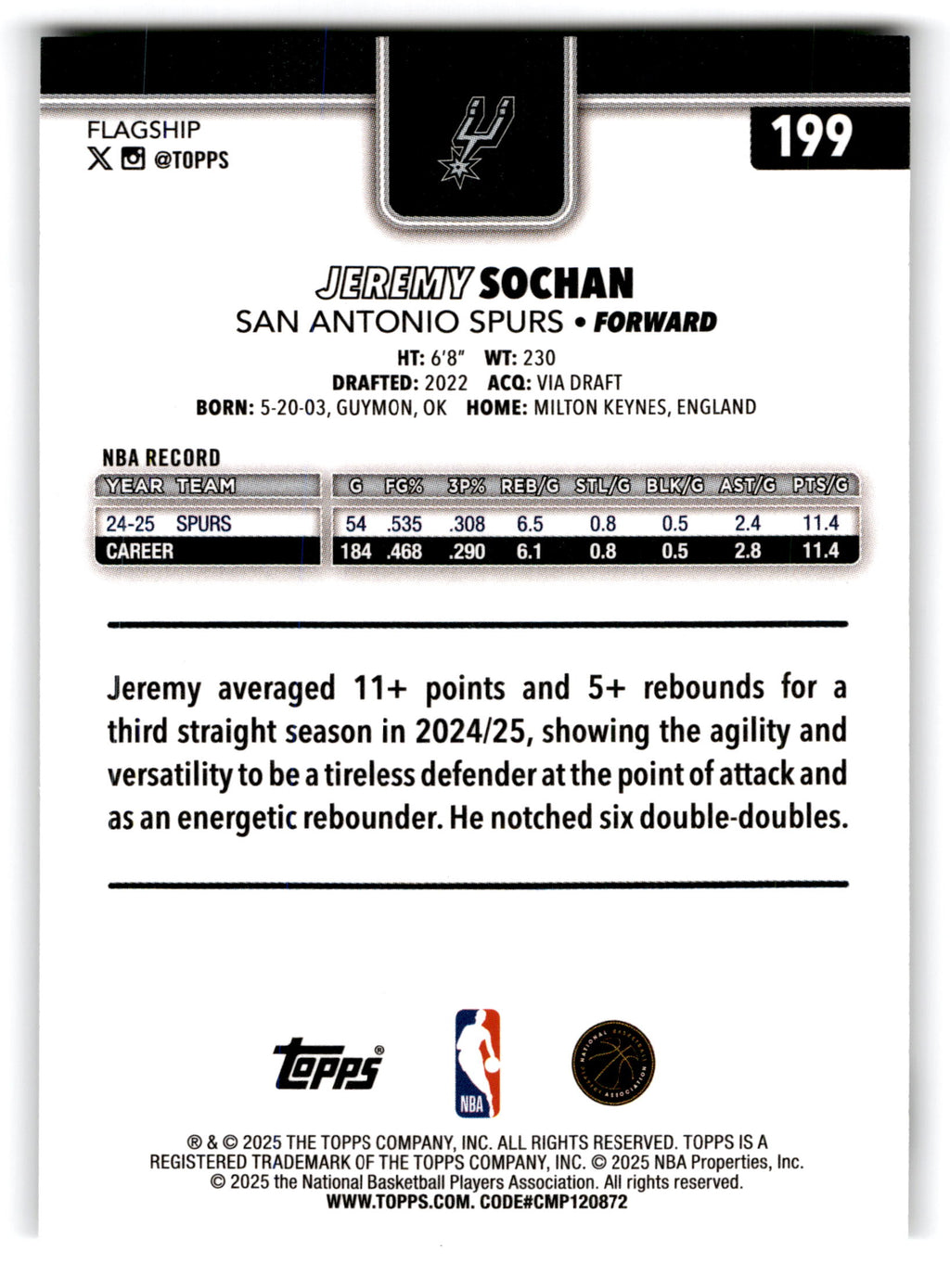 2025 Topps Flagship Jeremy Sochan #199