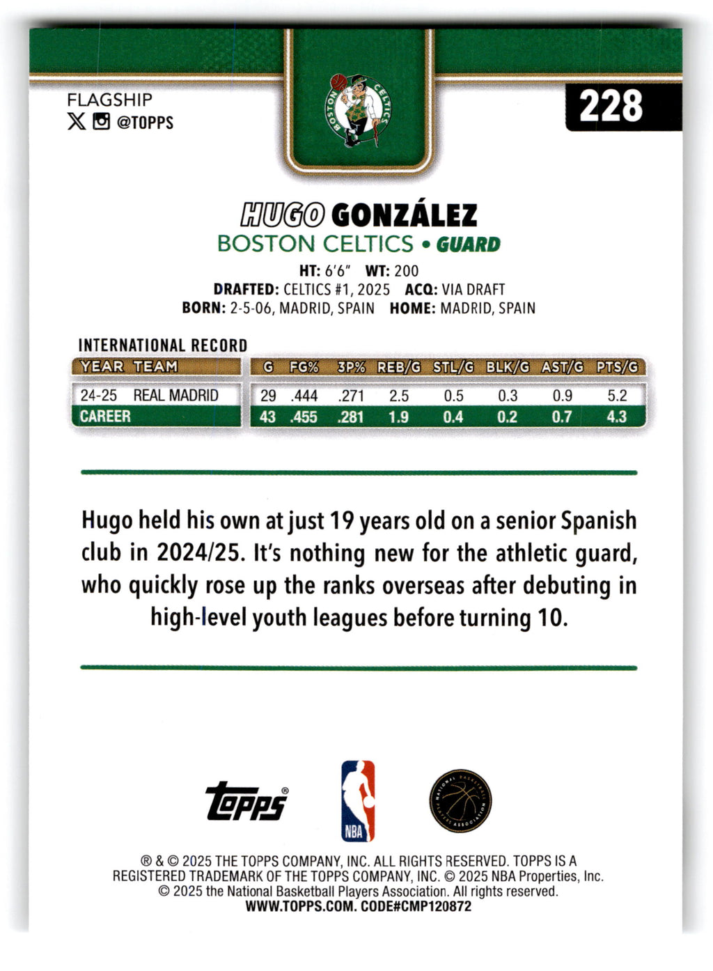 2025 Topps Basketball Hugo González #228 RC