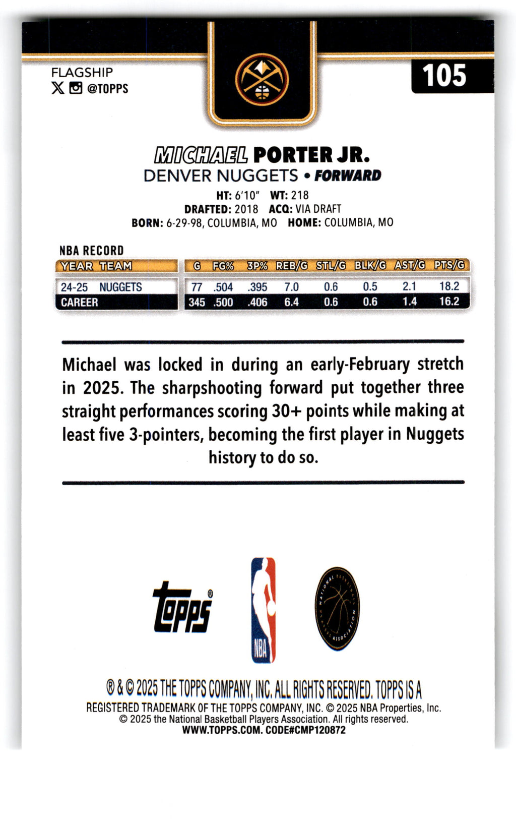 2025 Topps Flagship Basketball Michael Porter Jr. #105