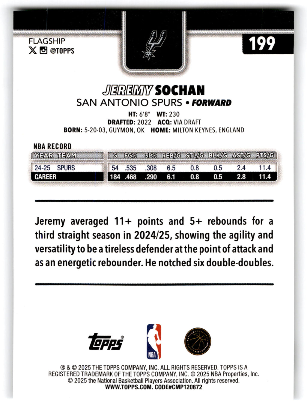 2025 Topps Flagship Jeremy Sochan #199