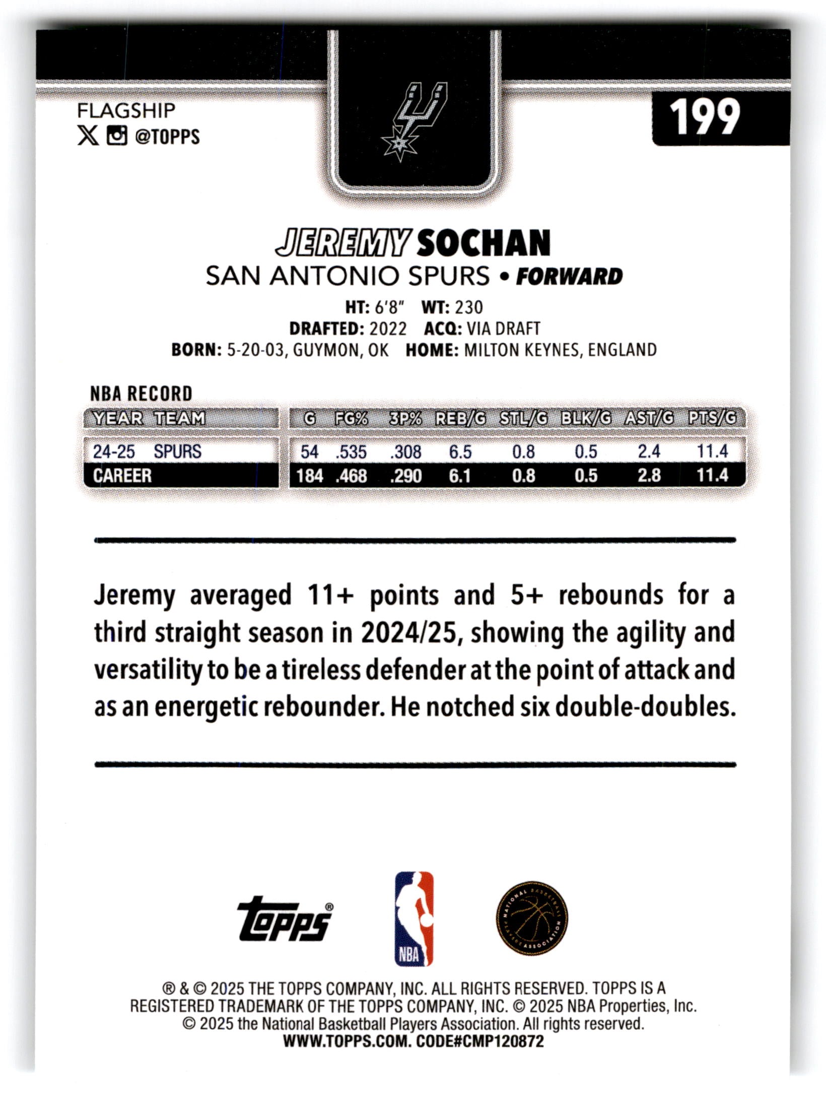 2025 Topps Flagship Jeremy Sochan #199