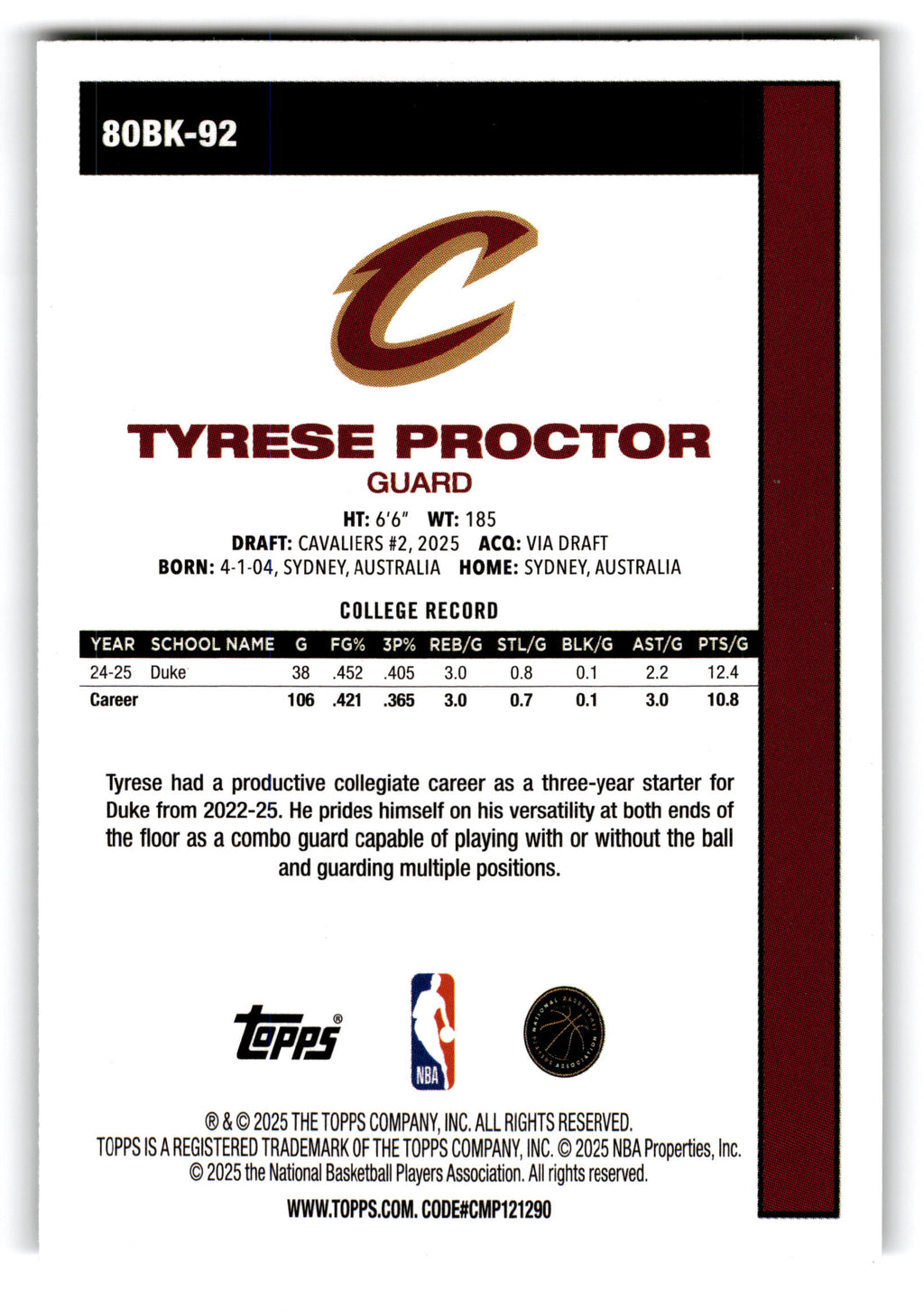 2022 Topps Basketball Tyrese Proctor #80BK-92 RC