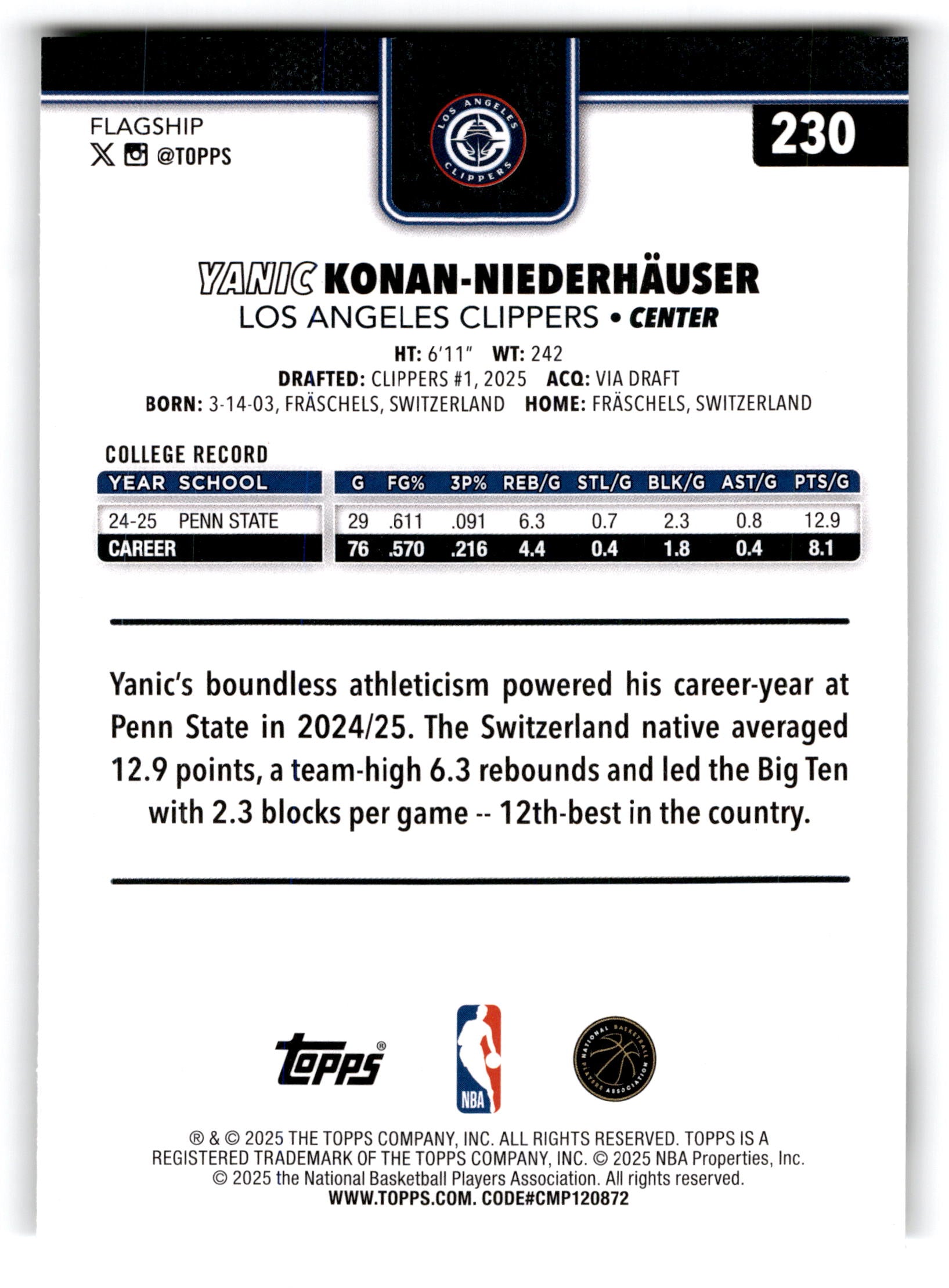 2025 Topps Flagship Yanic Konan-Niederhauser #230 RC