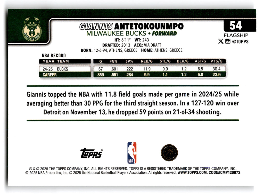 2025 Topps Flagship Giannis Antetokounmpo #54