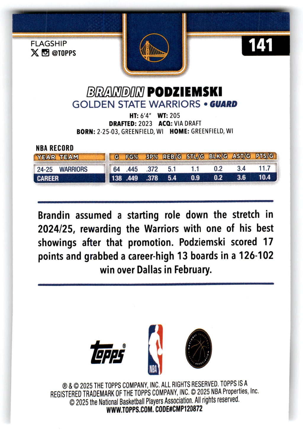 2025 Topps Flagship Brandin Podziemski #141