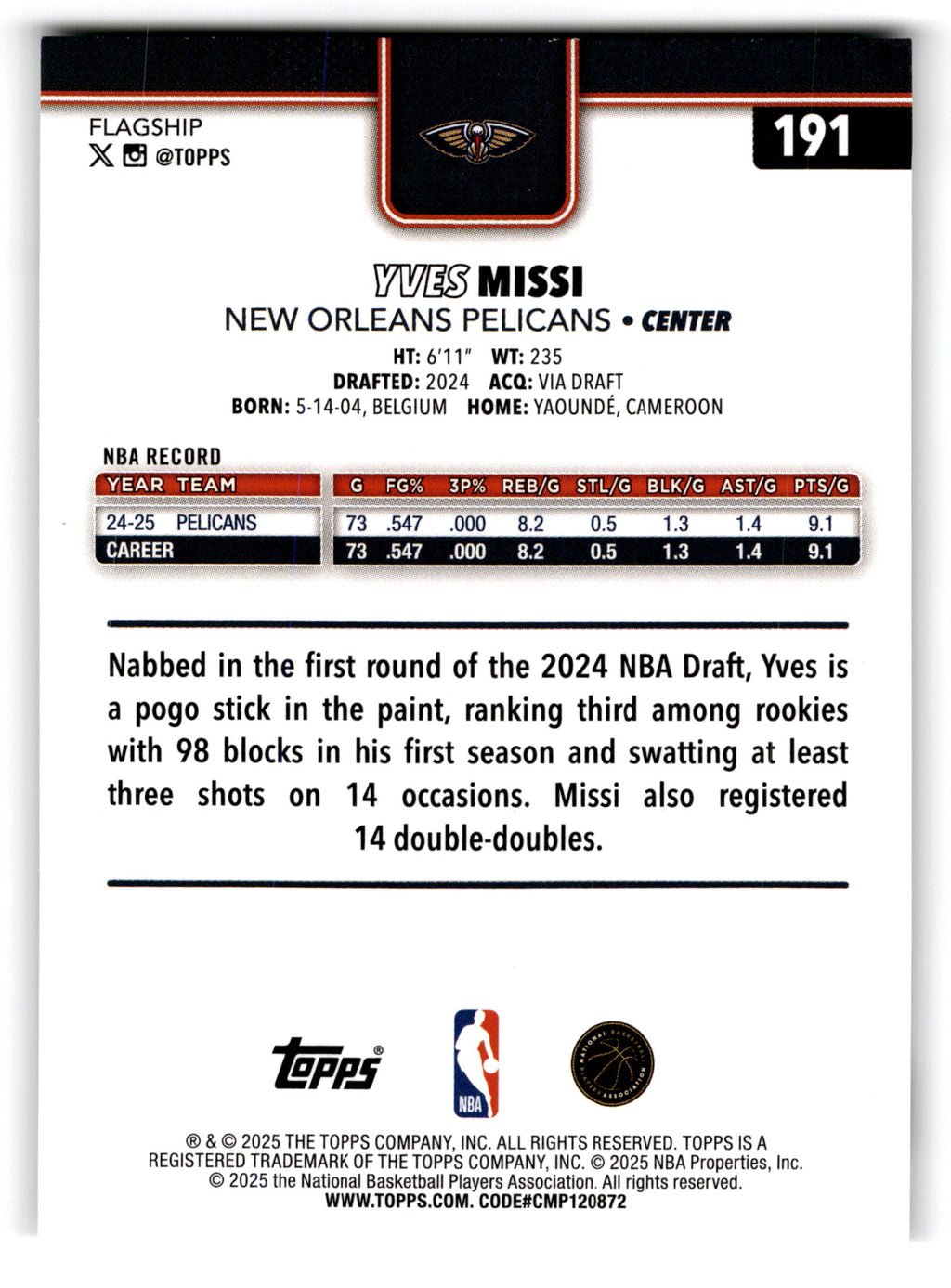 2025 Topps Basketball Yves Missi #191