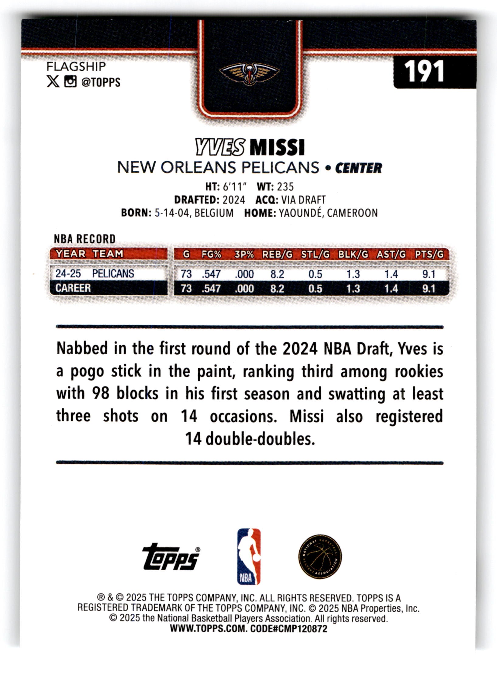 2025 Topps Basketball Yves Missi #191