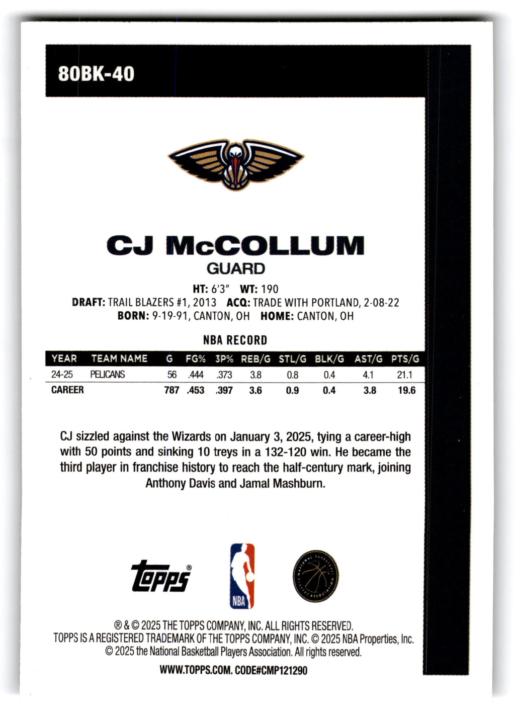 2025 Topps Basketball CJ McCollum #80BK-40